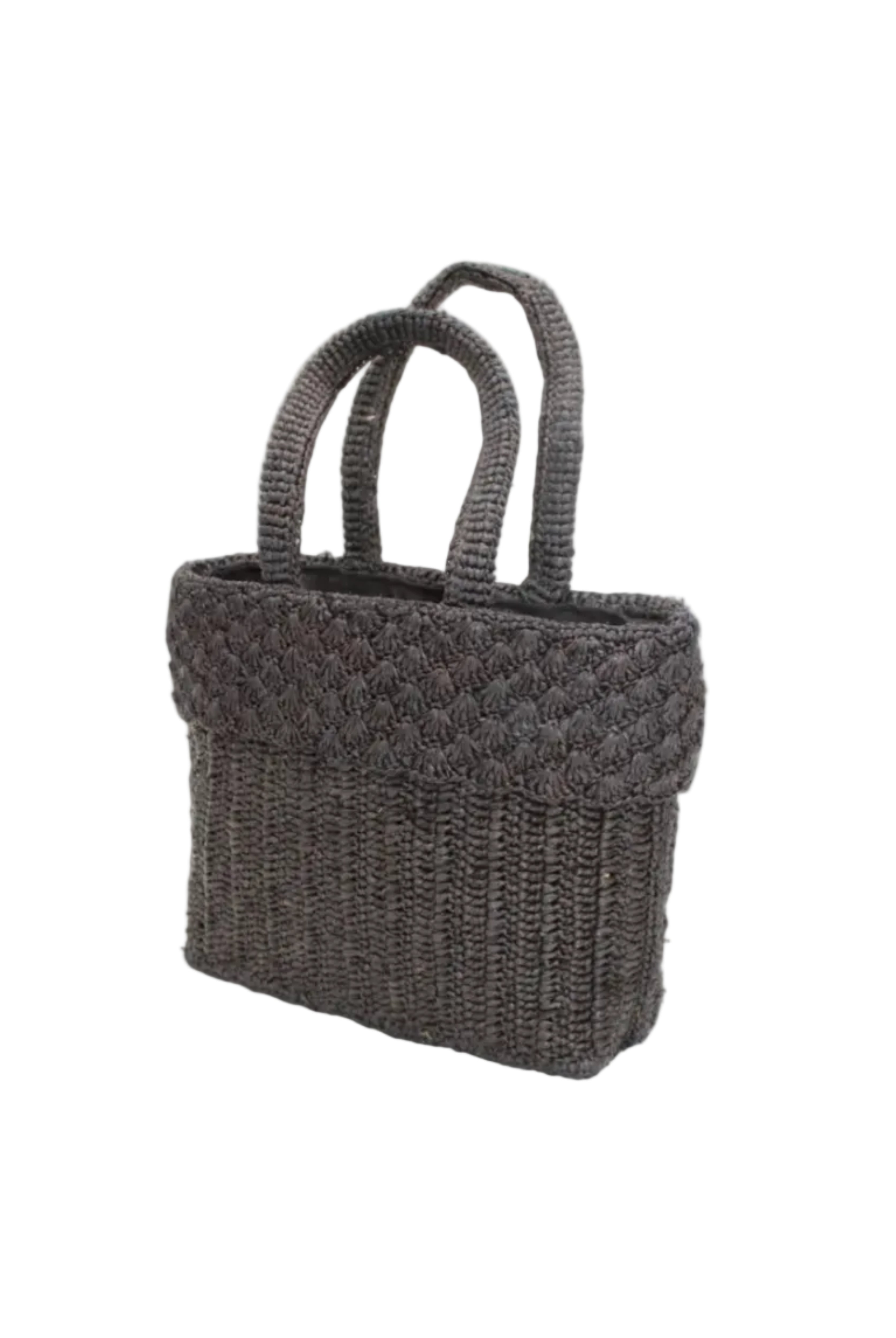 Side view Anna Petal Pattern Crochet Straw Basket Handbag handmade natural raffia palm fiber in a solid hue of Black crochet in multiple textures resulting in a subtle pattern of vertical linked bands on the bottom 2/3 of the bag, and a floral petal or shell pattern on the upper third with rolled panel of links making up the handles Beach Bag Purse - Shebobo