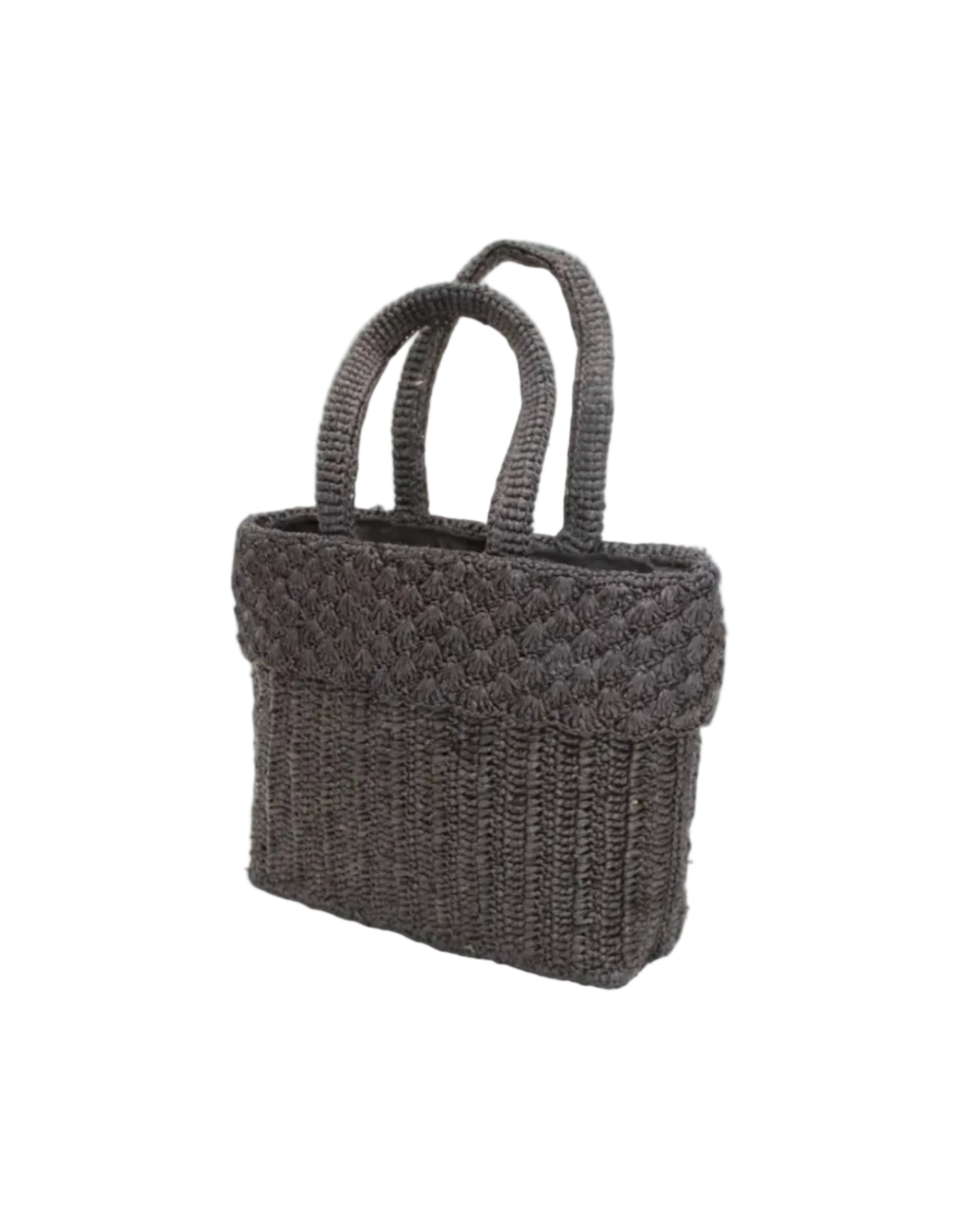 Side view Anna Petal Pattern Crochet Straw Basket Handbag handmade natural raffia palm fiber in a solid hue of Black crochet in multiple textures resulting in a subtle pattern of vertical linked bands on the bottom 2/3 of the bag, and a floral petal or shell pattern on the upper third with rolled panel of links making up the handles Beach Bag Purse - Shebobo