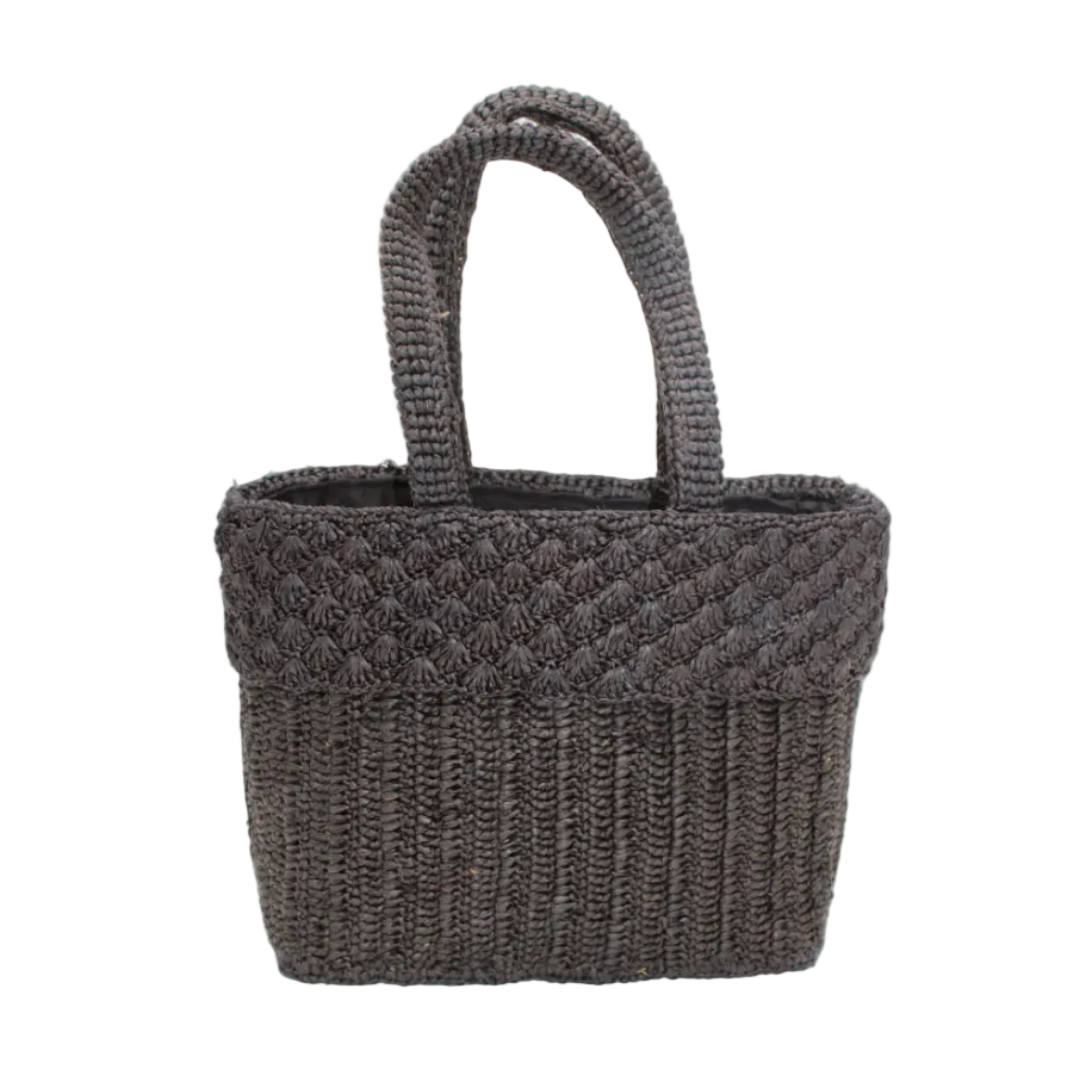 Anna Petal Pattern Crochet Straw Basket Handbag handmade natural raffia palm fiber in a solid hue of Black crochet in multiple textures resulting in a subtle pattern of vertical linked bands on the bottom 2/3 of the bag, and a floral petal or shell pattern on the upper third with rolled panel of links making up the handles Beach Bag Purse - Shebobo