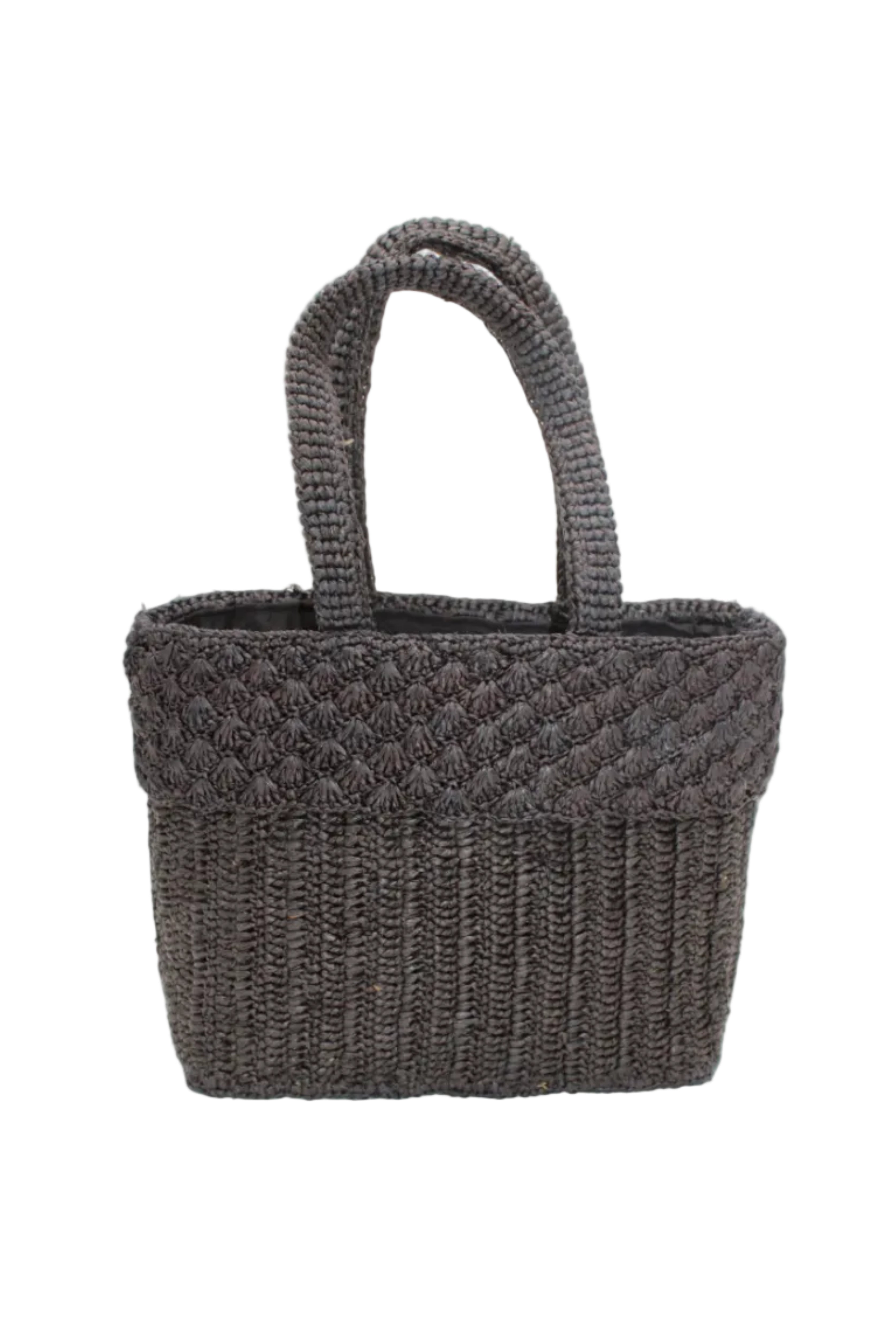 Anna Petal Pattern Crochet Straw Basket Handbag handmade natural raffia palm fiber in a solid hue of Black crochet in multiple textures resulting in a subtle pattern of vertical linked bands on the bottom 2/3 of the bag, and a floral petal or shell pattern on the upper third with rolled panel of links making up the handles Beach Bag Purse - Shebobo