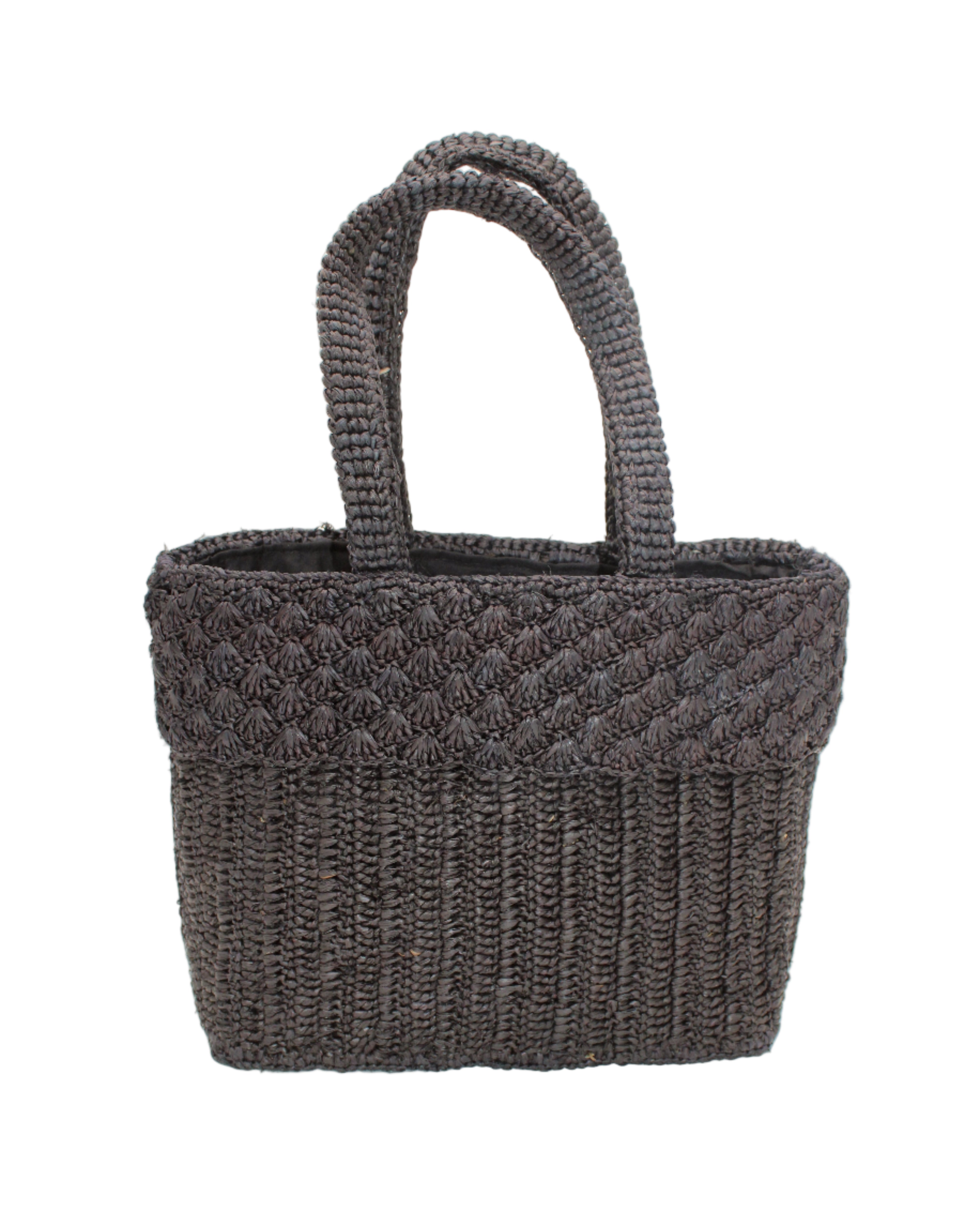 Anna Petal Pattern Crochet Straw Basket Handbag handmade natural raffia palm fiber in a solid hue of Black crochet in multiple textures resulting in a subtle pattern of vertical linked bands on the bottom 2/3 of the bag, and a floral petal or shell pattern on the upper third with rolled panel of links making up the handles Beach Bag Purse - Shebobo