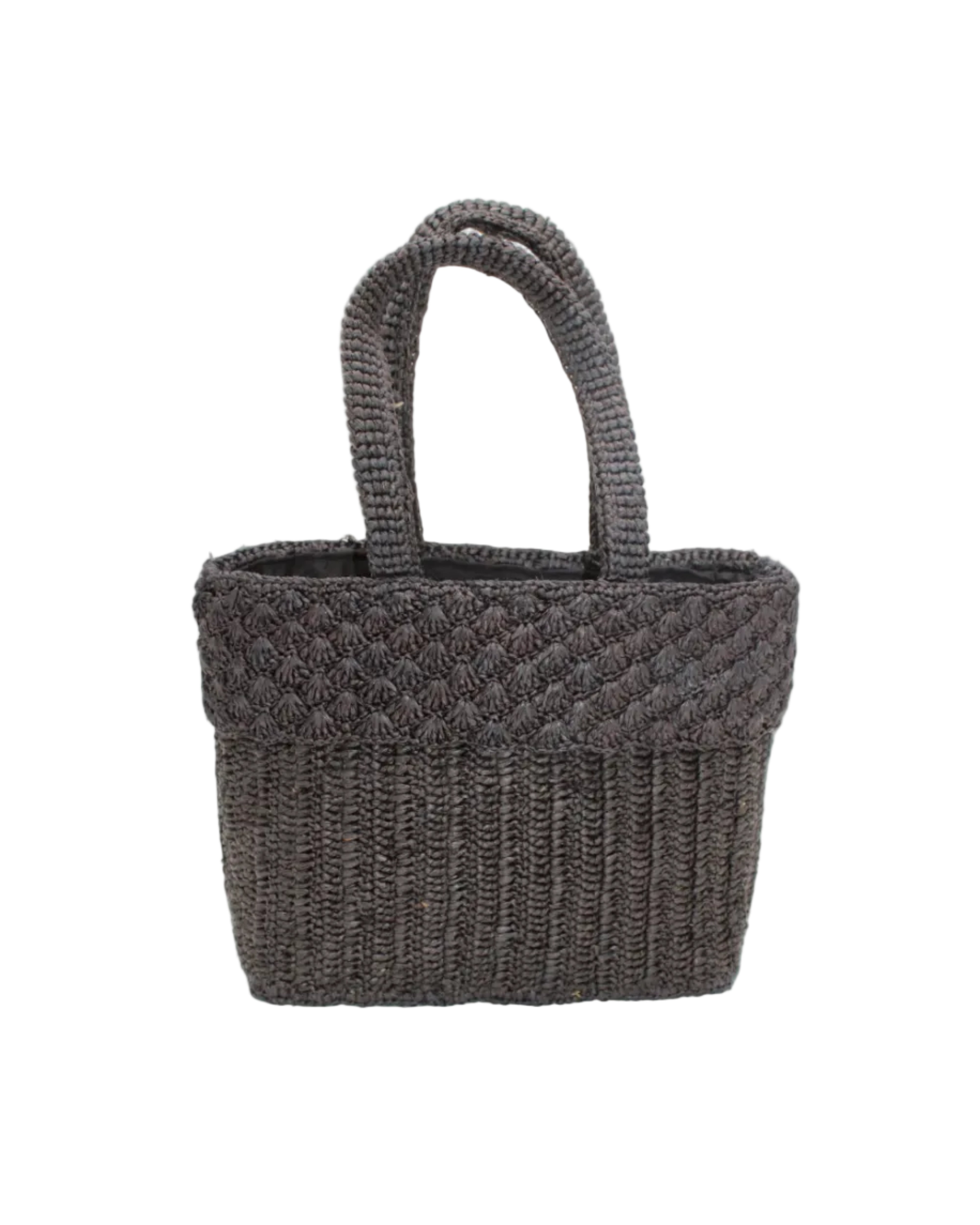 Anna Petal Pattern Crochet Straw Basket Handbag handmade natural raffia palm fiber in a solid hue of Black crochet in multiple textures resulting in a subtle pattern of vertical linked bands on the bottom 2/3 of the bag, and a floral petal or shell pattern on the upper third with rolled panel of links making up the handles Beach Bag Purse - Shebobo