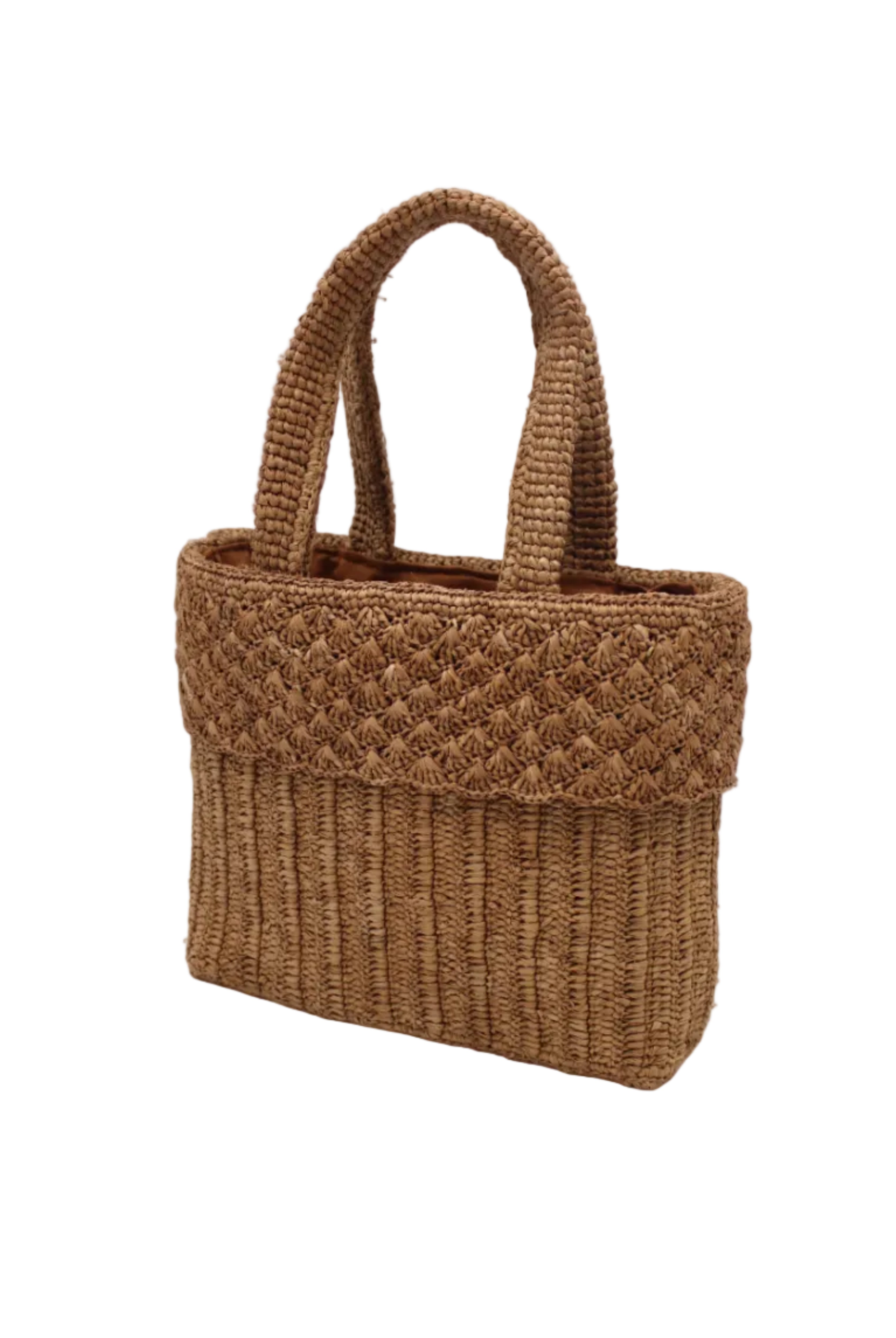 Side view Anna Petal Pattern Crochet Straw Basket Handbag handmade natural raffia palm fiber in a solid hue of Cappuccino tea/light/brown crochet in multiple textures resulting in a subtle pattern of vertical linked bands on the bottom 2/3 of the bag, and a floral petal or shell pattern on the upper third with rolled panel of links making up the handles Beach Bag Purse - Shebobo