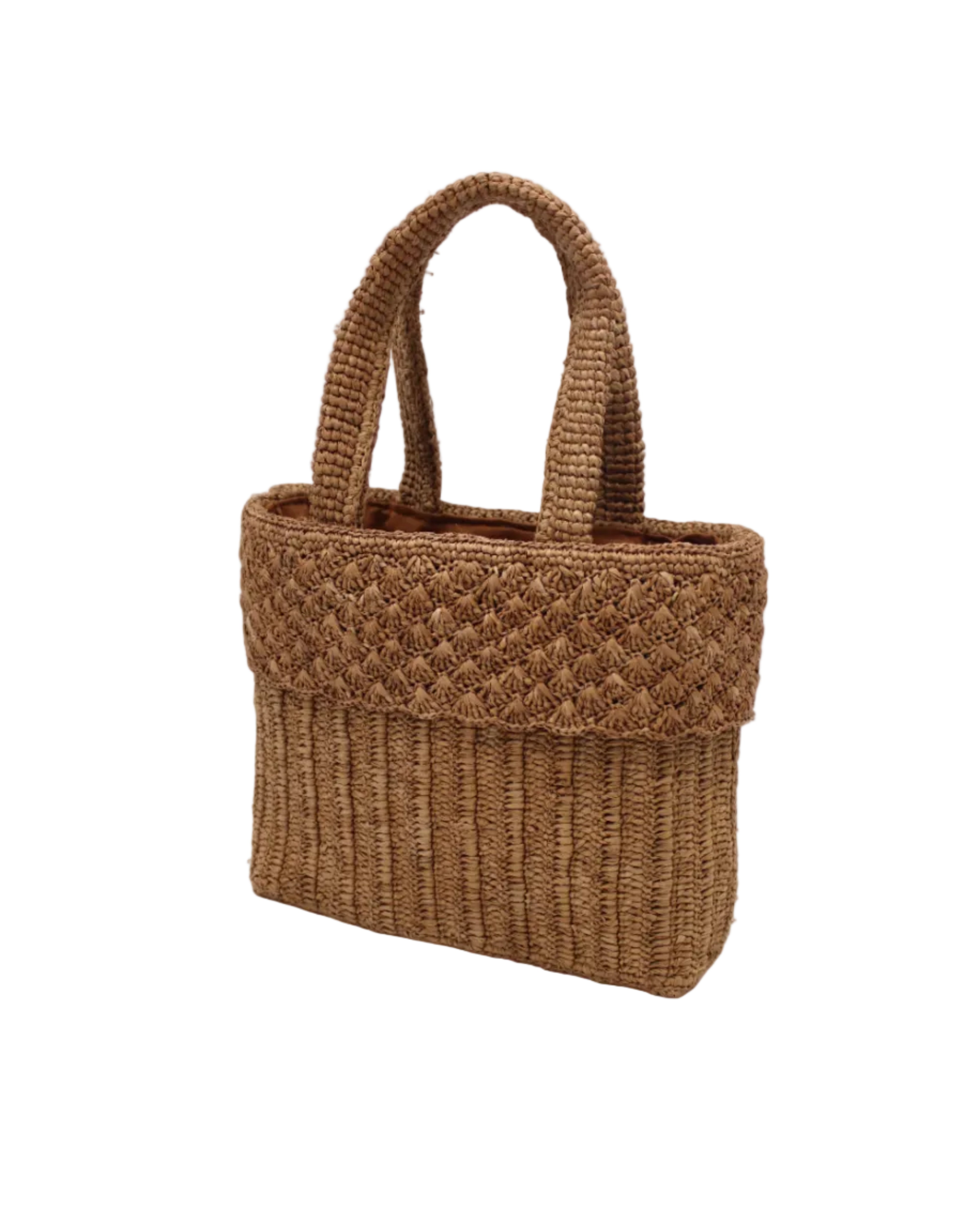 Side view Anna Petal Pattern Crochet Straw Basket Handbag handmade natural raffia palm fiber in a solid hue of Cappuccino tea/light/brown crochet in multiple textures resulting in a subtle pattern of vertical linked bands on the bottom 2/3 of the bag, and a floral petal or shell pattern on the upper third with rolled panel of links making up the handles Beach Bag Purse - Shebobo
