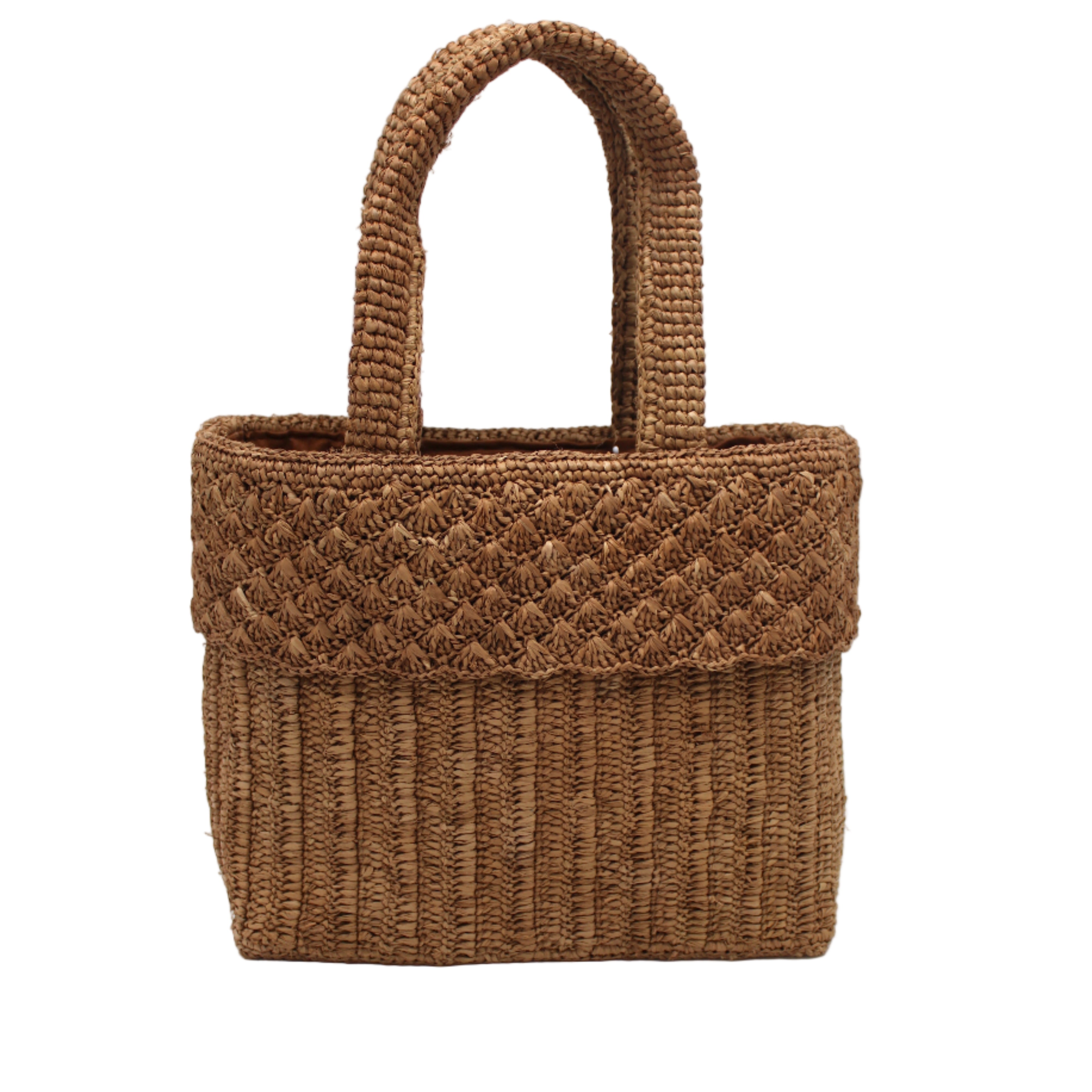 Anna Petal Pattern Crochet Straw Basket Handbag handmade natural raffia palm fiber in a solid hue of Cappuccino tea/light/brown crochet in multiple textures resulting in a subtle pattern of vertical linked bands on the bottom 2/3 of the bag, and a floral petal or shell pattern on the upper third with rolled panel of links making up the handles Beach Bag Purse - Shebobo