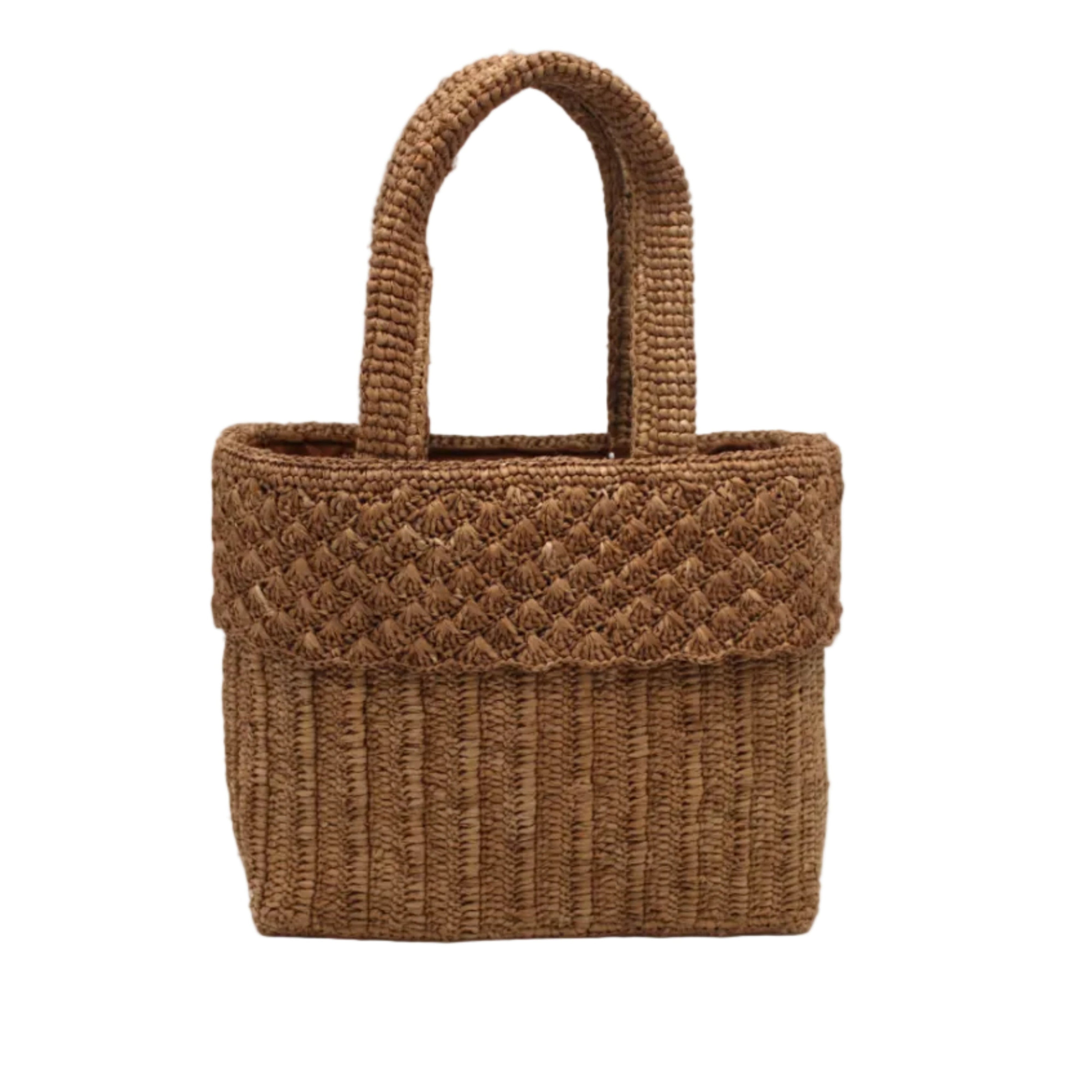 Anna Petal Pattern Crochet Straw Basket Handbag handmade natural raffia palm fiber in a solid hue of Cappuccino tea/light/brown crochet in multiple textures resulting in a subtle pattern of vertical linked bands on the bottom 2/3 of the bag, and a floral petal or shell pattern on the upper third with rolled panel of links making up the handles Beach Bag Purse - Shebobo