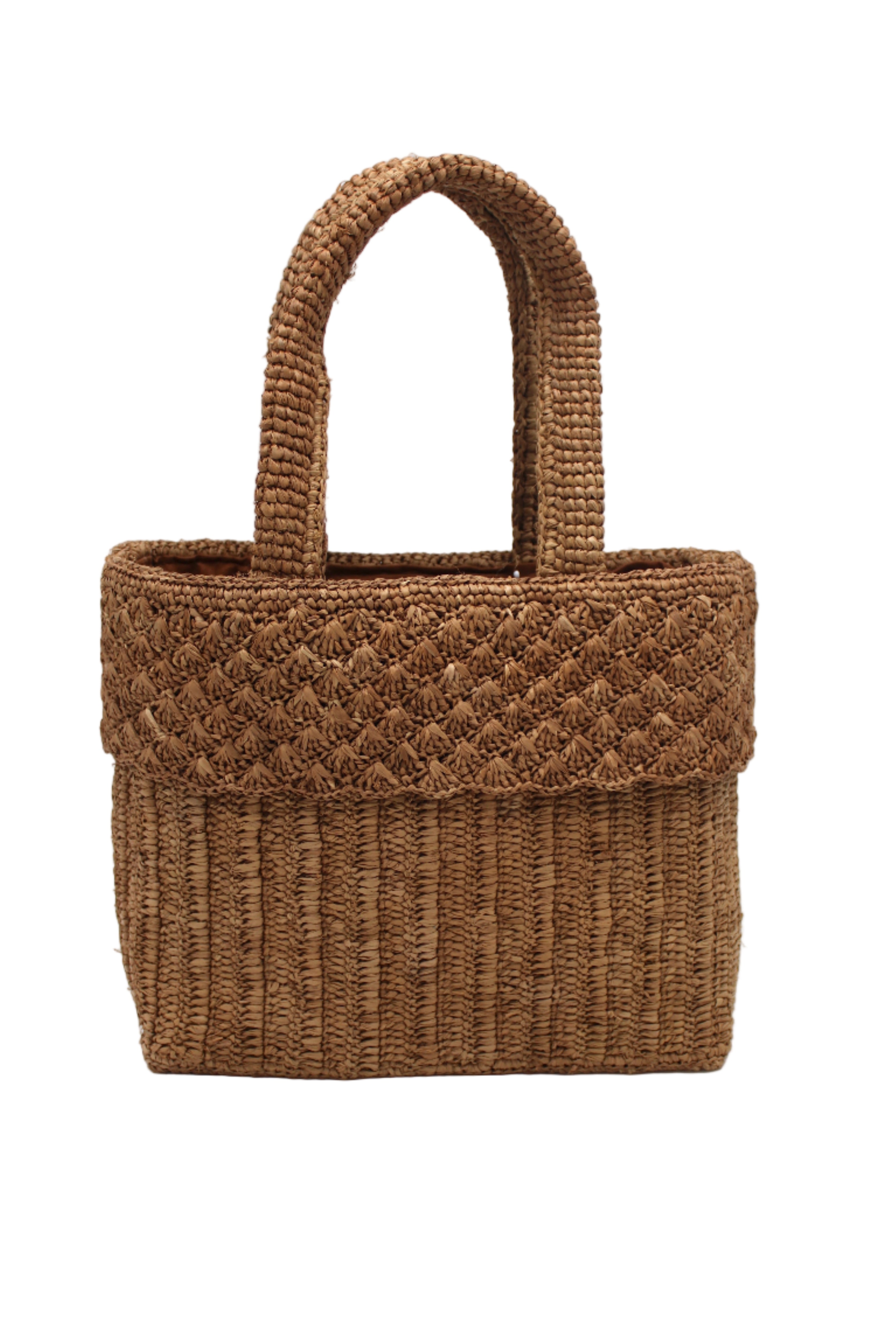 Anna Petal Pattern Crochet Straw Basket Handbag handmade natural raffia palm fiber in a solid hue of Cappuccino tea/light/brown crochet in multiple textures resulting in a subtle pattern of vertical linked bands on the bottom 2/3 of the bag, and a floral petal or shell pattern on the upper third with rolled panel of links making up the handles Beach Bag Purse - Shebobo