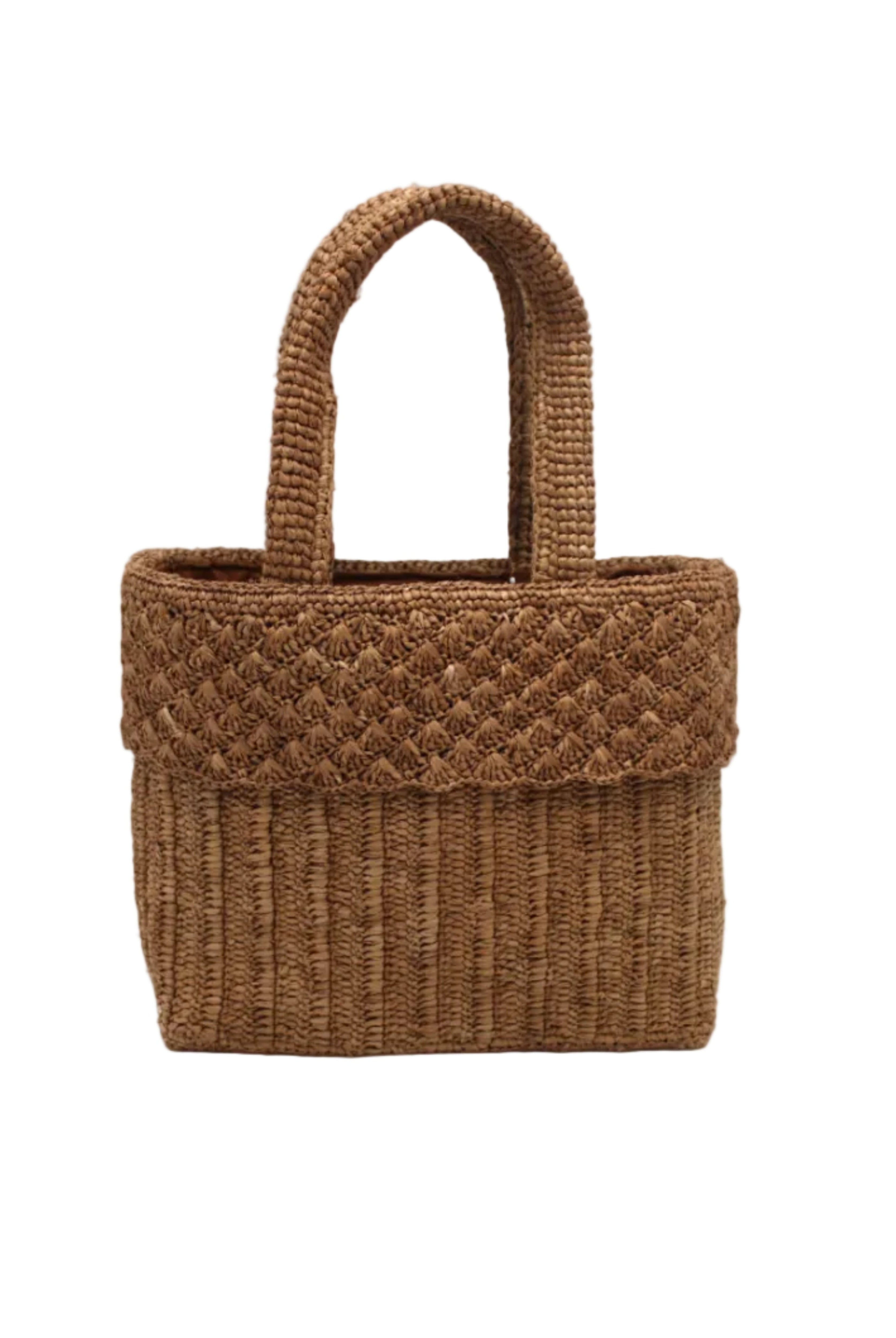 Anna Petal Pattern Crochet Straw Basket Handbag handmade natural raffia palm fiber in a solid hue of Cappuccino tea/light/brown crochet in multiple textures resulting in a subtle pattern of vertical linked bands on the bottom 2/3 of the bag, and a floral petal or shell pattern on the upper third with rolled panel of links making up the handles Beach Bag Purse - Shebobo