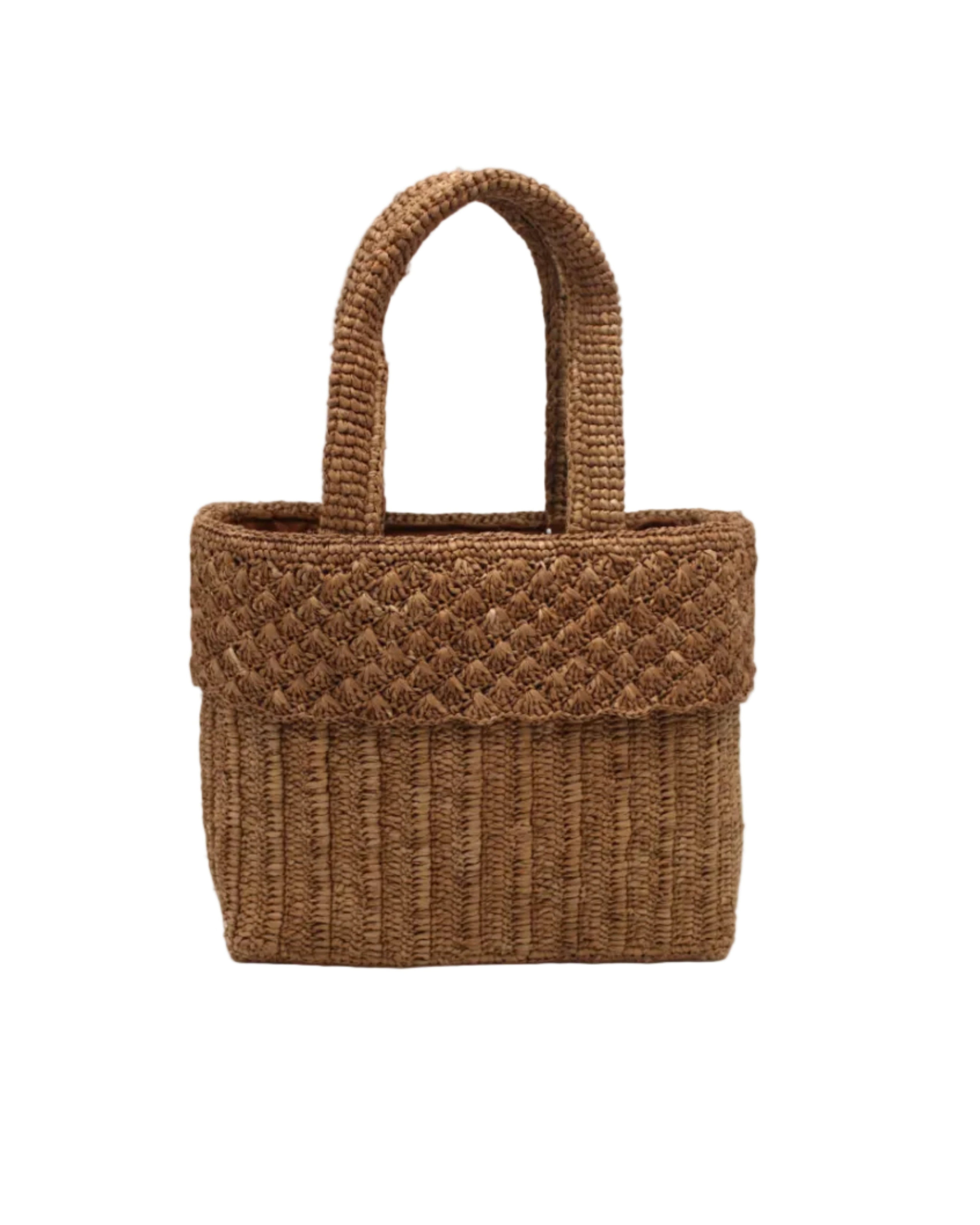 Anna Petal Pattern Crochet Straw Basket Handbag handmade natural raffia palm fiber in a solid hue of Cappuccino tea/light/brown crochet in multiple textures resulting in a subtle pattern of vertical linked bands on the bottom 2/3 of the bag, and a floral petal or shell pattern on the upper third with rolled panel of links making up the handles Beach Bag Purse - Shebobo