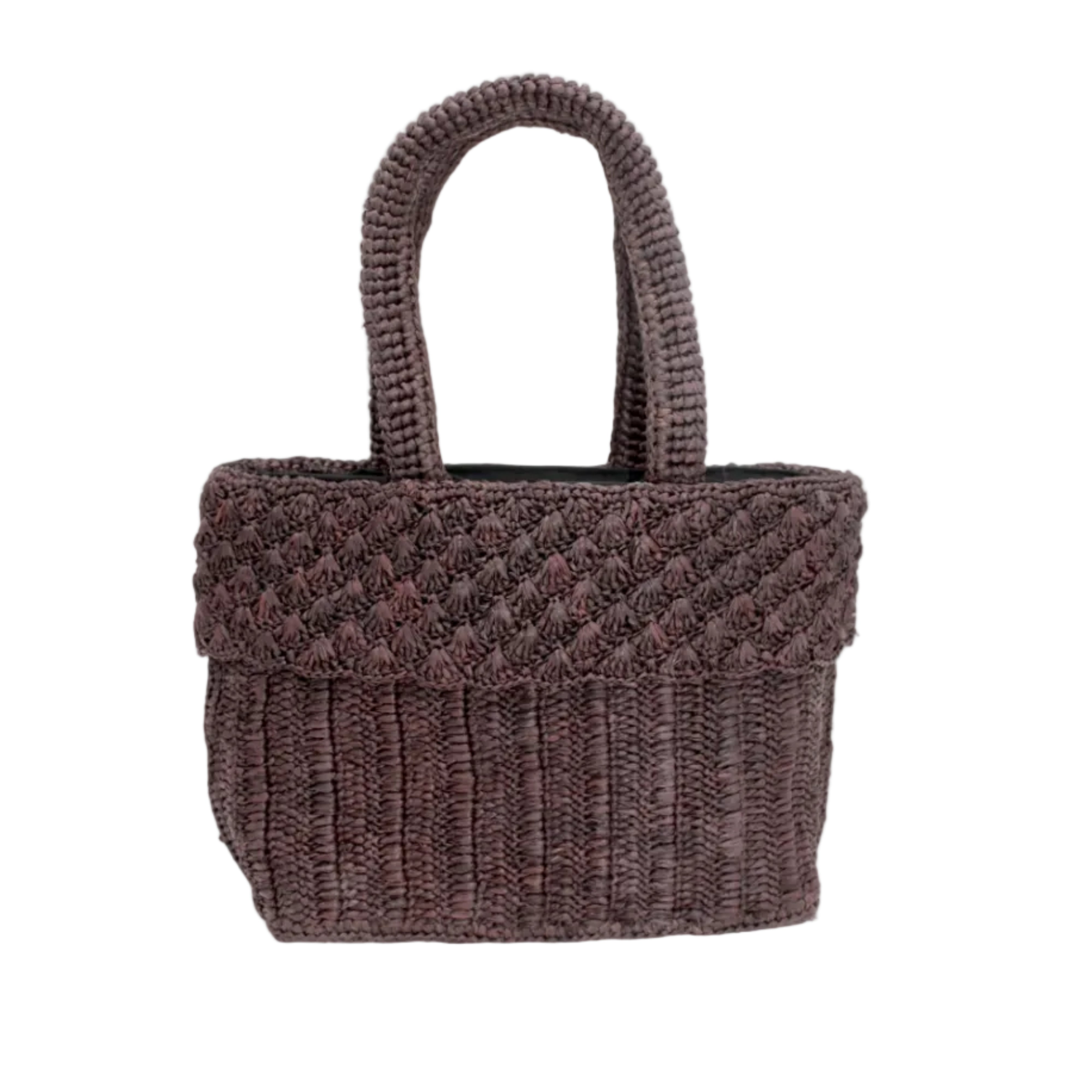 Anna Petal Pattern Crochet Straw Basket Handbag handmade natural raffia palm fiber in a solid hue of Mocha chocolate/dark/brown crochet in multiple textures resulting in a subtle pattern of vertical linked bands on the bottom 2/3 of the bag, and a floral petal or shell pattern on the upper third with rolled panel of links making up the handles Beach Bag Purse - Shebobo