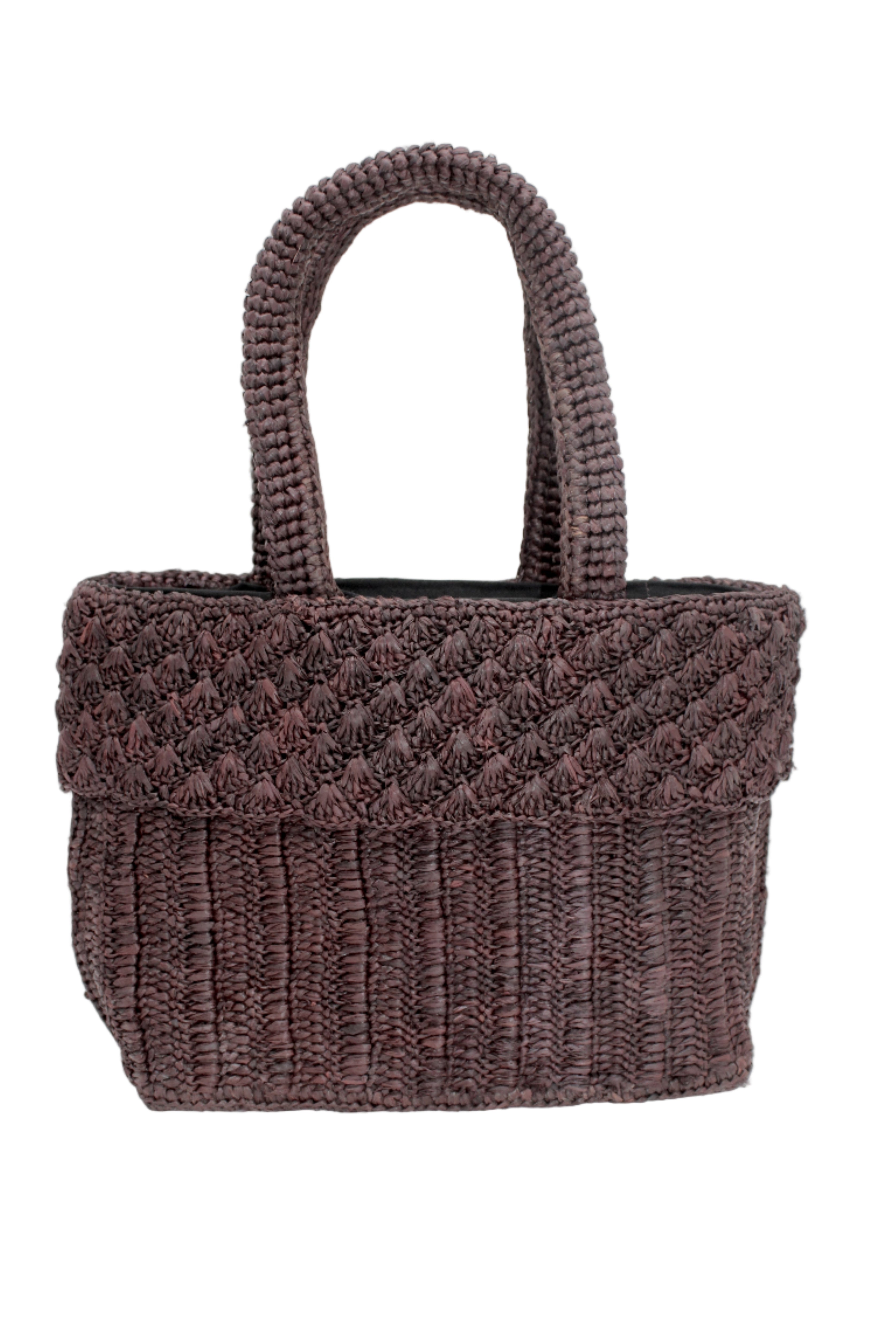 Anna Petal Pattern Crochet Straw Basket Handbag handmade natural raffia palm fiber in a solid hue of Mocha chocolate/dark/brown crochet in multiple textures resulting in a subtle pattern of vertical linked bands on the bottom 2/3 of the bag, and a floral petal or shell pattern on the upper third with rolled panel of links making up the handles Beach Bag Purse - Shebobo