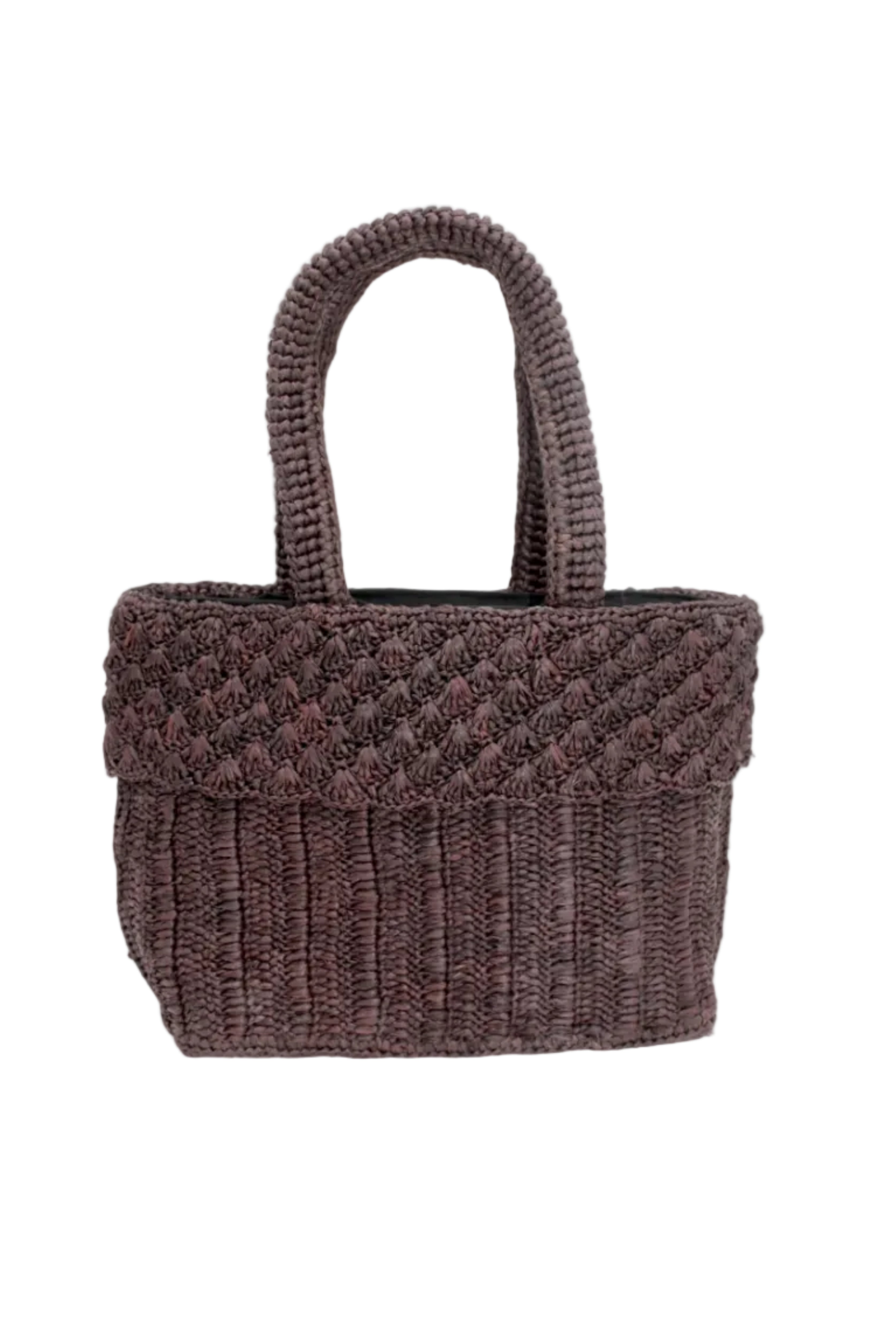 Anna Petal Pattern Crochet Straw Basket Handbag handmade natural raffia palm fiber in a solid hue of Mocha chocolate/dark/brown crochet in multiple textures resulting in a subtle pattern of vertical linked bands on the bottom 2/3 of the bag, and a floral petal or shell pattern on the upper third with rolled panel of links making up the handles Beach Bag Purse - Shebobo