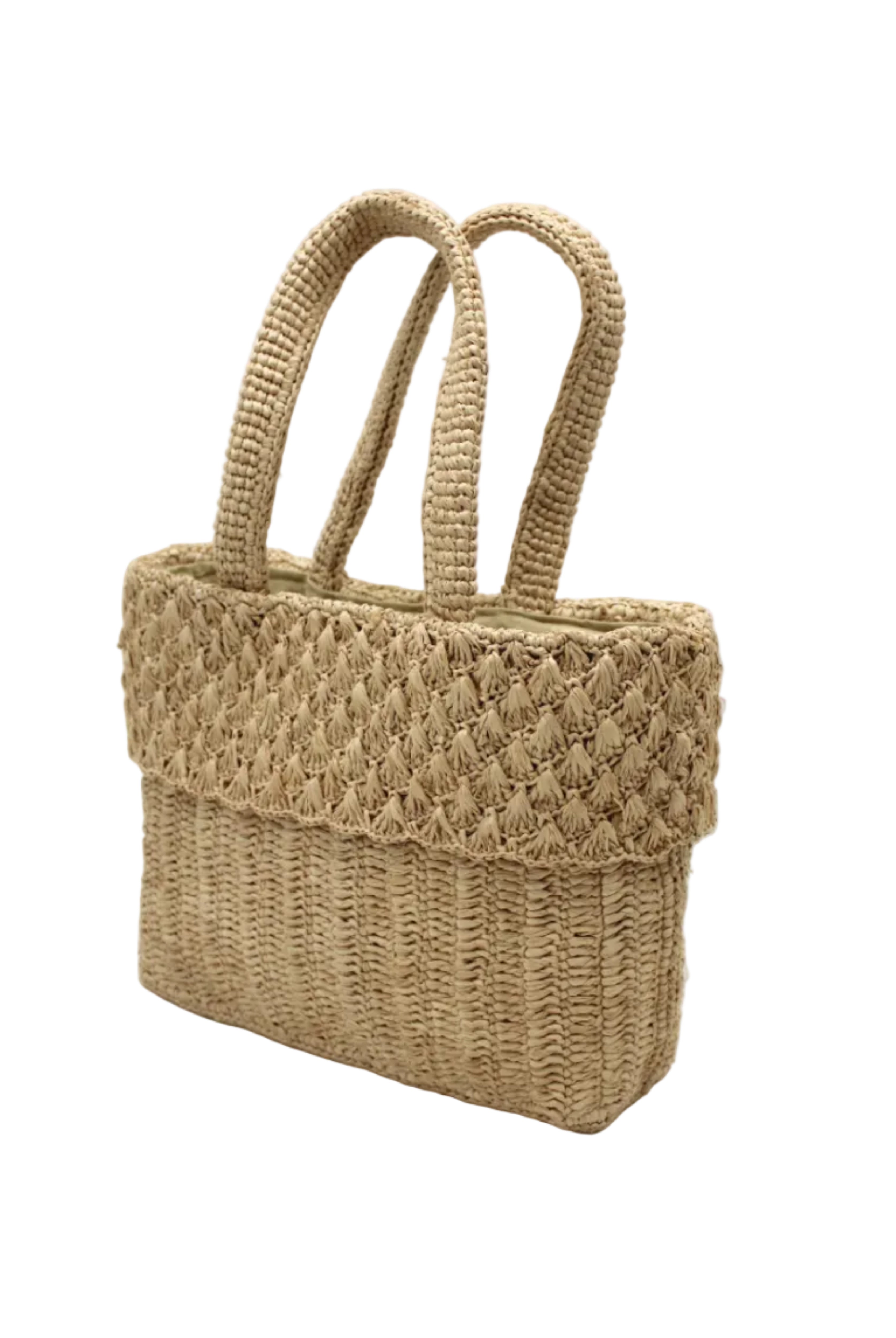 Side view Anna Petal Pattern Crochet Straw Basket Handbag handmade natural raffia palm fiber in a solid hue of Natural straw color crochet in multiple textures resulting in a subtle pattern of vertical linked bands on the bottom 2/3 of the bag, and a floral petal or shell pattern on the upper third with rolled panel of links making up the handles Beach Bag Purse - Shebobo