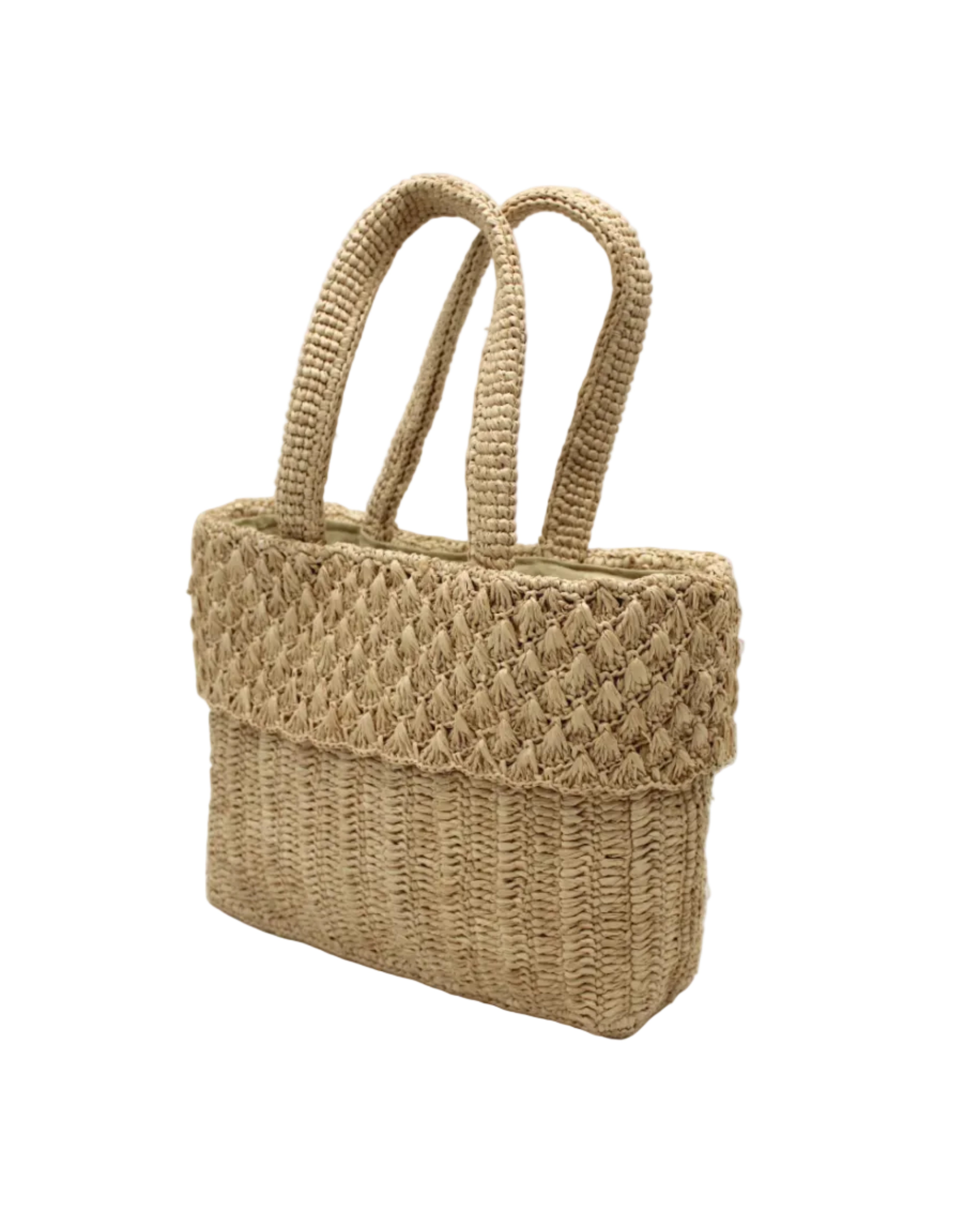 Side view Anna Petal Pattern Crochet Straw Basket Handbag handmade natural raffia palm fiber in a solid hue of Natural straw color crochet in multiple textures resulting in a subtle pattern of vertical linked bands on the bottom 2/3 of the bag, and a floral petal or shell pattern on the upper third with rolled panel of links making up the handles Beach Bag Purse - Shebobo