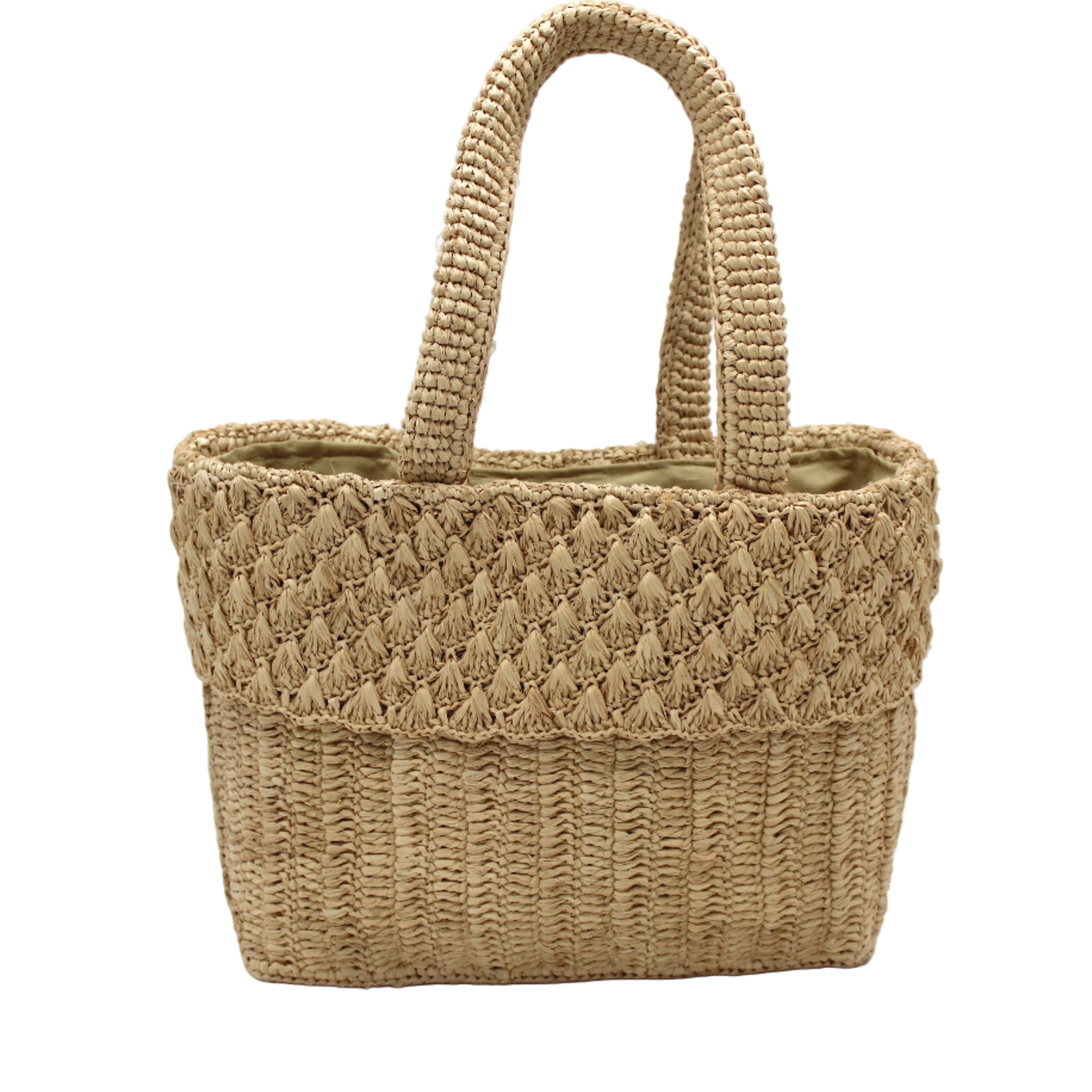 Anna Petal Pattern Crochet Straw Basket Handbag handmade natural raffia palm fiber in a solid hue of Natural straw color crochet in multiple textures resulting in a subtle pattern of vertical linked bands on the bottom 2/3 of the bag, and a floral petal or shell pattern on the upper third with rolled panel of links making up the handles Beach Bag Purse - Shebobo