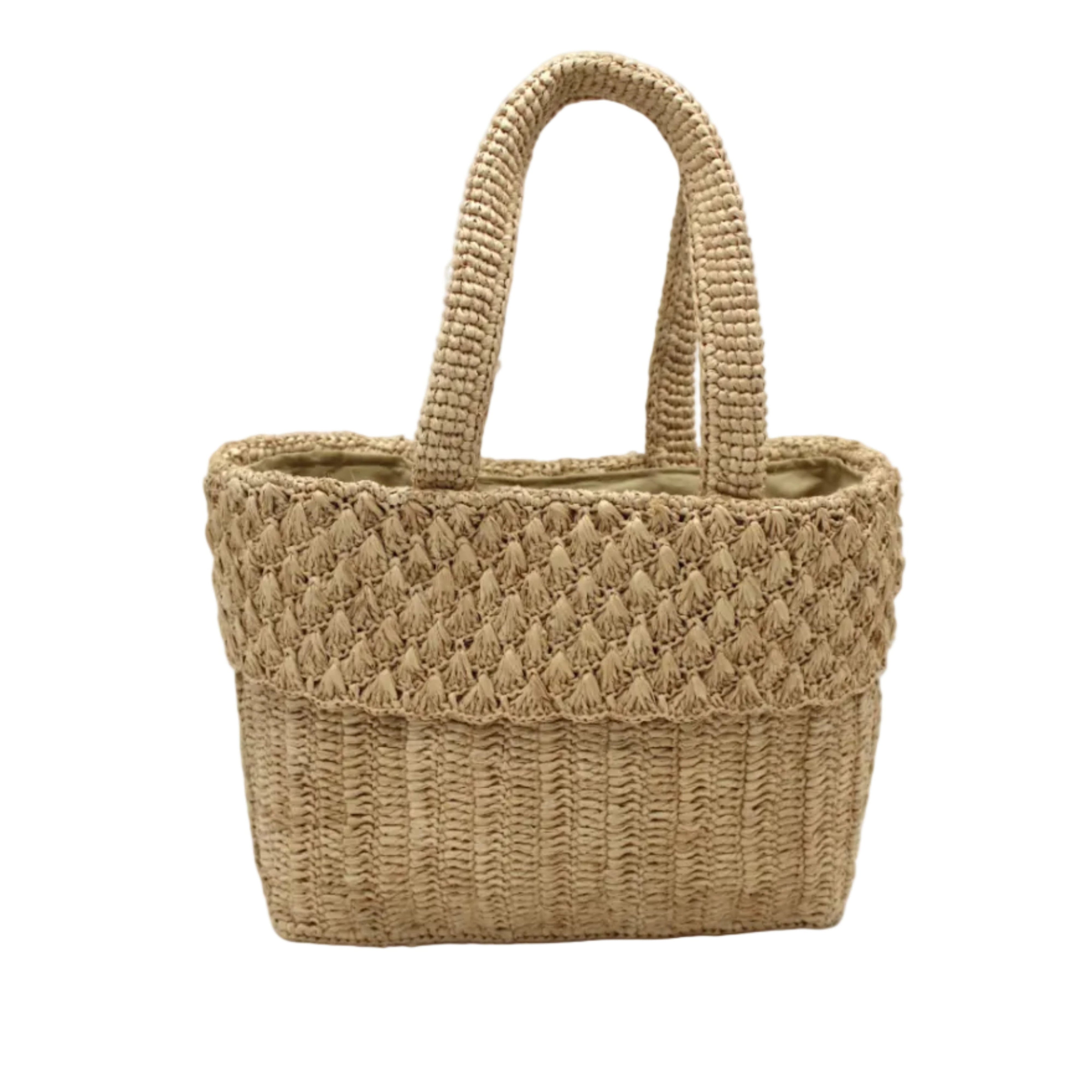 Anna Petal Pattern Crochet Straw Basket Handbag handmade natural raffia palm fiber in a solid hue of Natural straw color crochet in multiple textures resulting in a subtle pattern of vertical linked bands on the bottom 2/3 of the bag, and a floral petal or shell pattern on the upper third with rolled panel of links making up the handles Beach Bag Purse - Shebobo