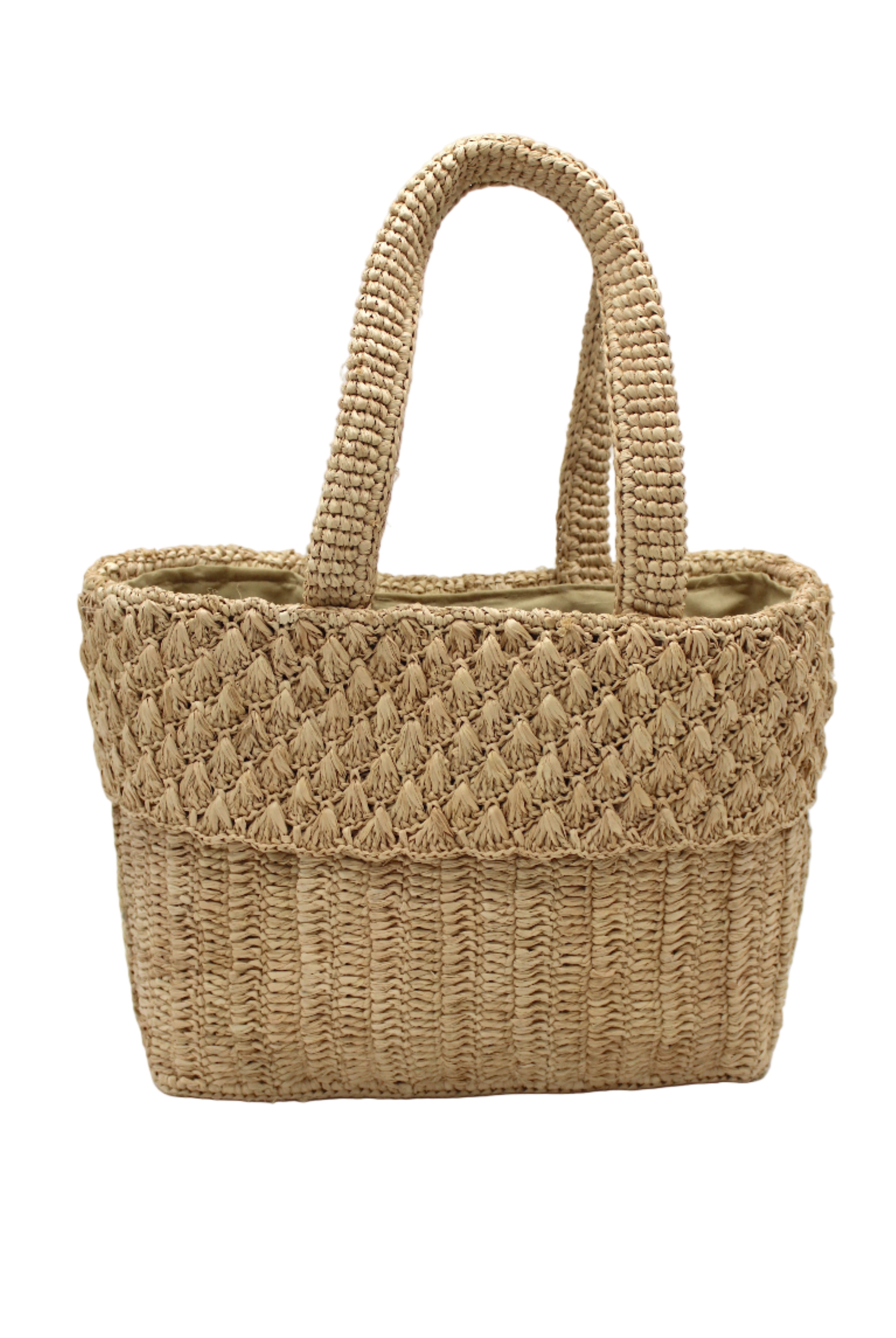 Anna Petal Pattern Crochet Straw Basket Handbag handmade natural raffia palm fiber in a solid hue of Natural straw color crochet in multiple textures resulting in a subtle pattern of vertical linked bands on the bottom 2/3 of the bag, and a floral petal or shell pattern on the upper third with rolled panel of links making up the handles Beach Bag Purse - Shebobo