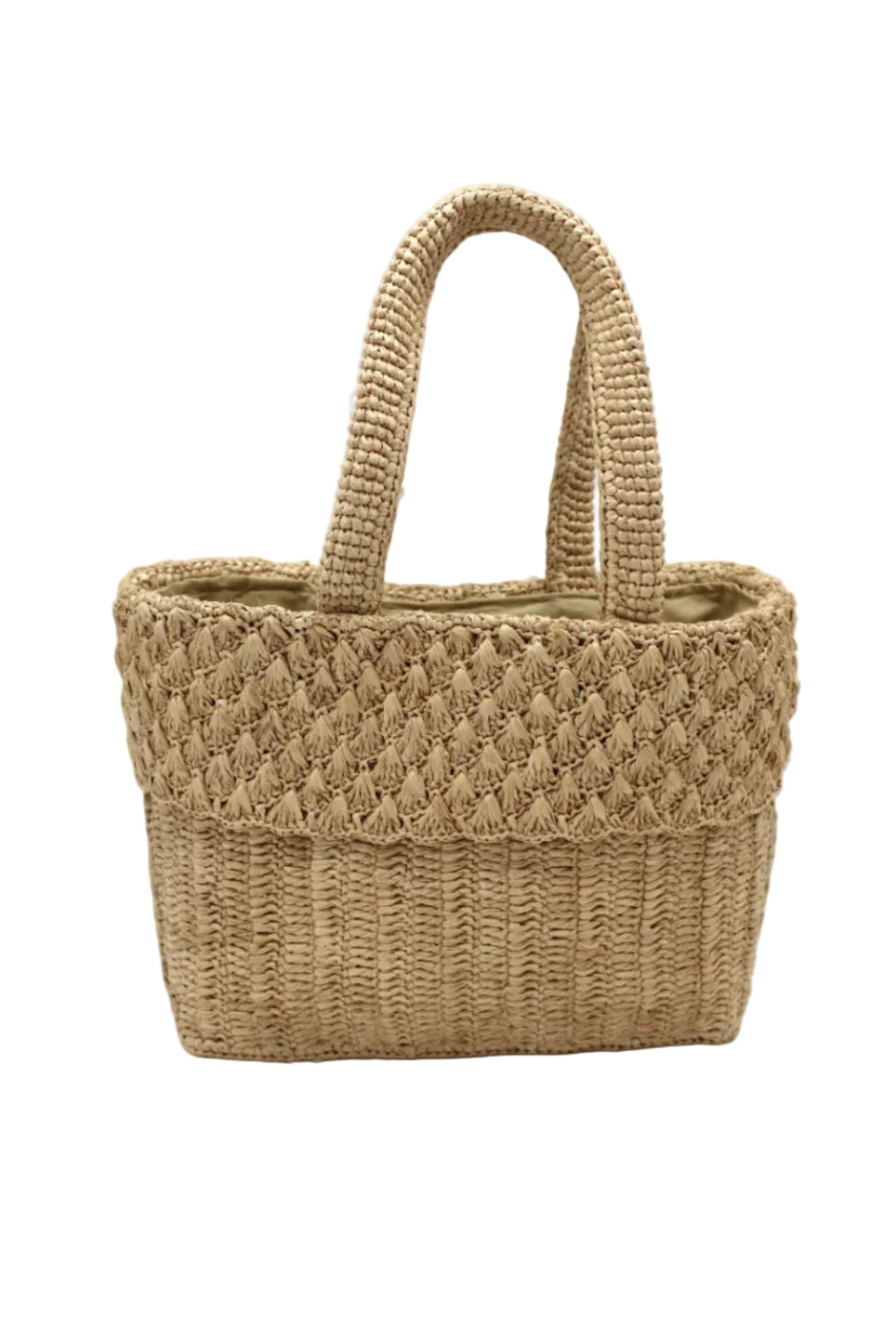 Anna Petal Pattern Crochet Straw Basket Handbag handmade natural raffia palm fiber in a solid hue of Natural straw color crochet in multiple textures resulting in a subtle pattern of vertical linked bands on the bottom 2/3 of the bag, and a floral petal or shell pattern on the upper third with rolled panel of links making up the handles Beach Bag Purse - Shebobo