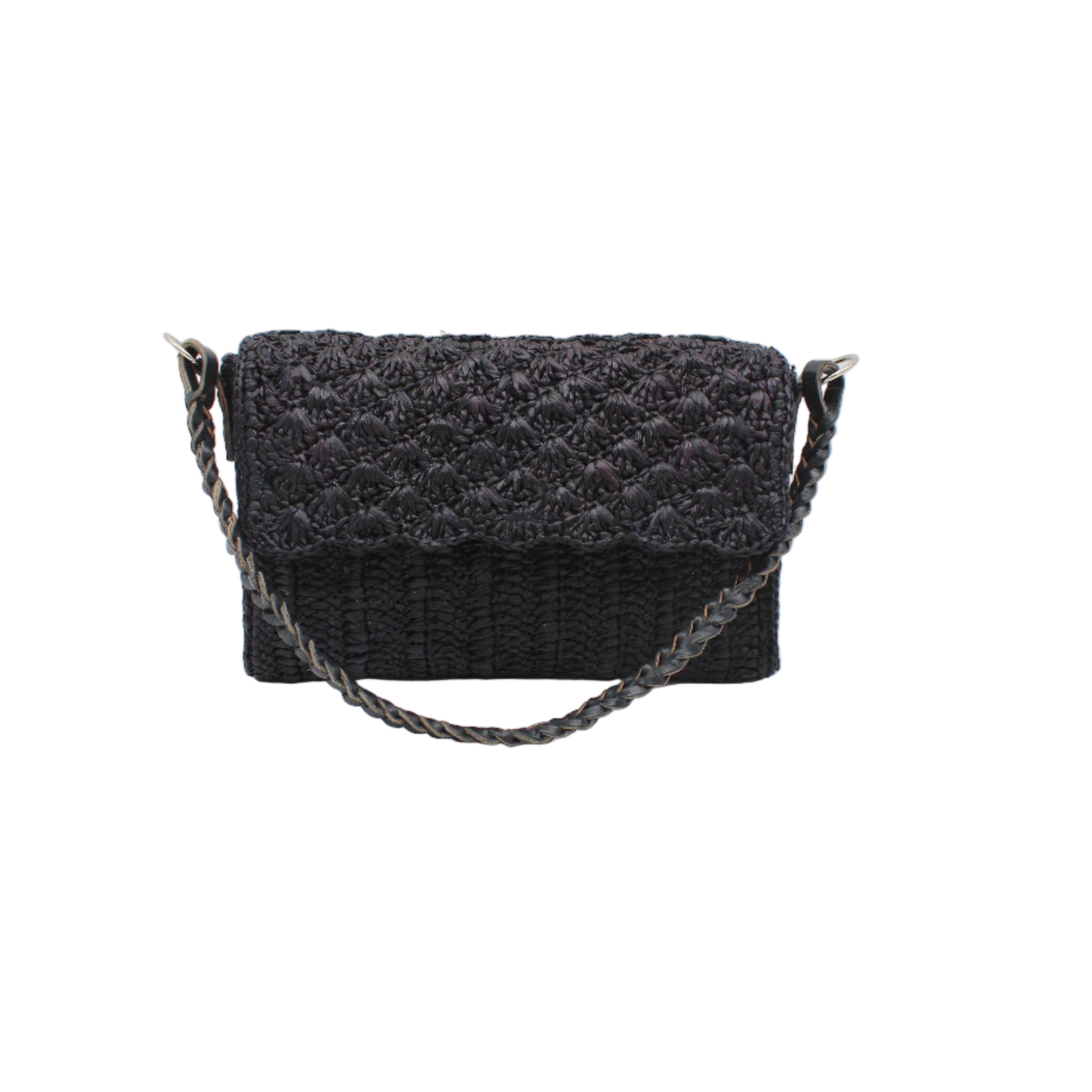 Anna Petal Pattern Crochet Straw Over Shoulder Envelope Clutch Purse handmade raffia palm fiber in a solid hue of Black crochet in multiple textures resulting in a subtle pattern of vertical linked bands on the bottom half of the bag, and a floral petal or shell pattern on the upper envelope flap with braided leather shoulder strap handbag shoulder bag - Shebobo