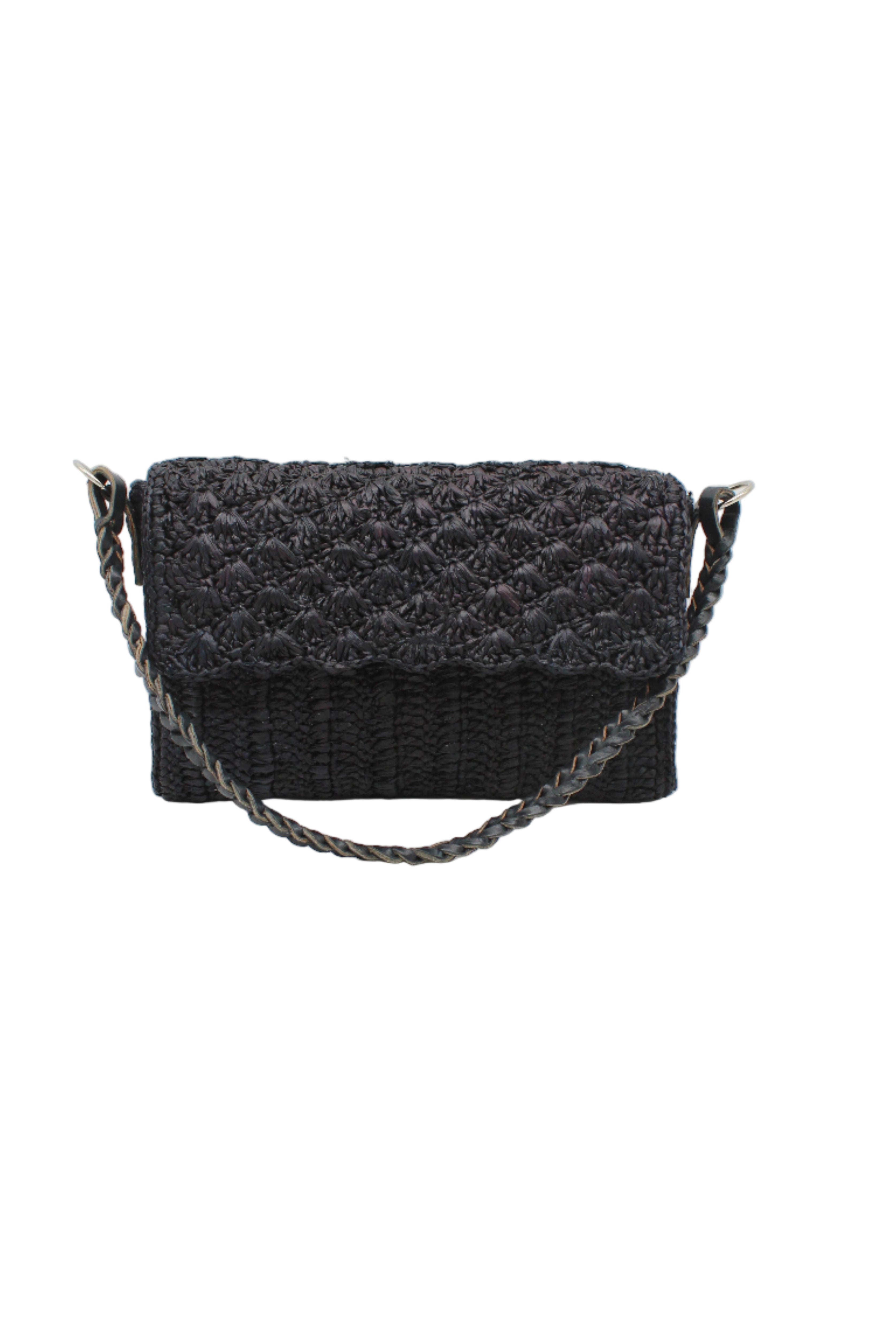Anna Petal Pattern Crochet Straw Over Shoulder Envelope Clutch Purse handmade raffia palm fiber in a solid hue of Black crochet in multiple textures resulting in a subtle pattern of vertical linked bands on the bottom half of the bag, and a floral petal or shell pattern on the upper envelope flap with braided leather shoulder strap handbag shoulder bag - Shebobo