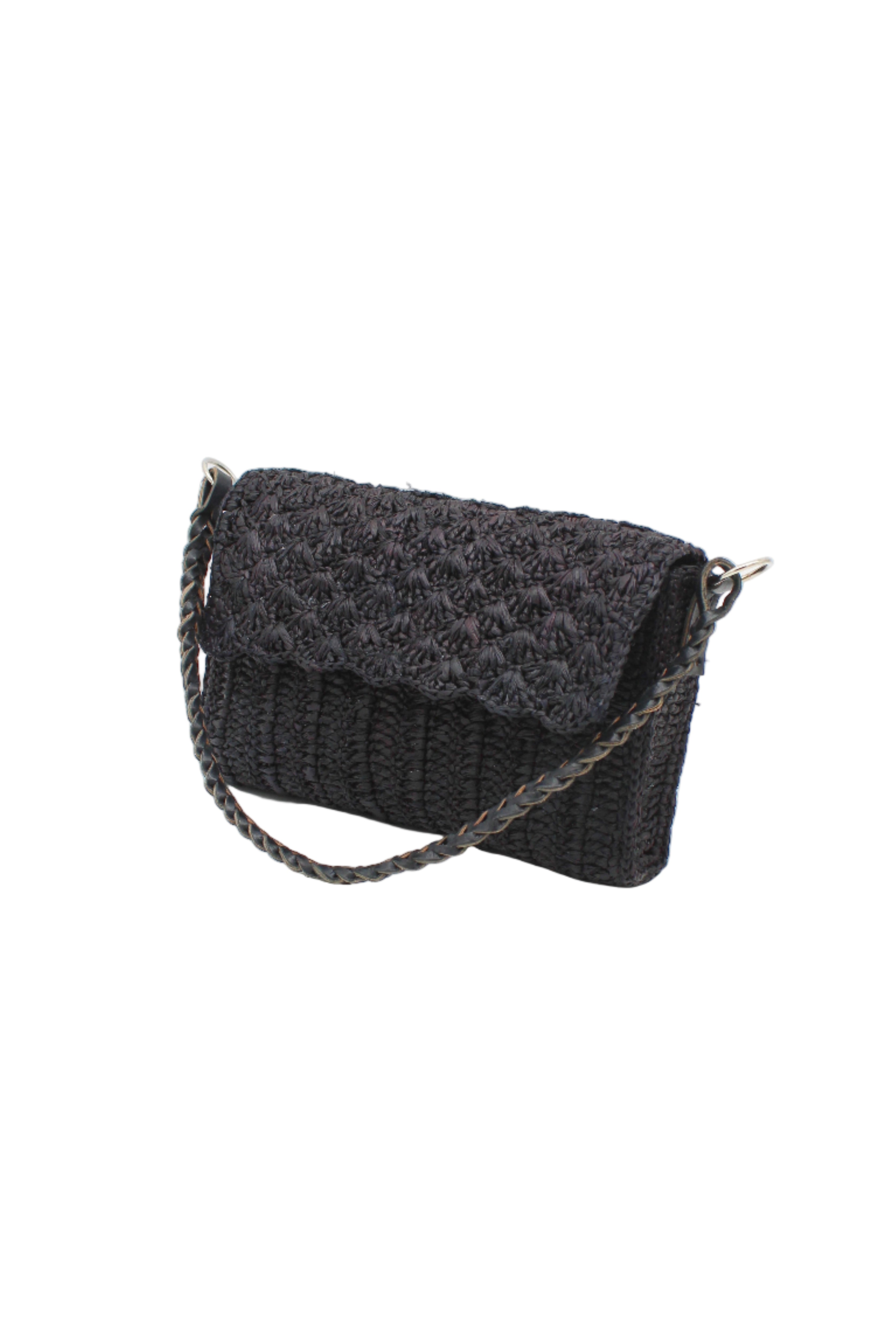 Side view Anna Petal Pattern Crochet Straw Over Shoulder Envelope Clutch Purse handmade raffia palm fiber in a solid hue of Black crochet in multiple textures resulting in a subtle pattern of vertical linked bands on the bottom half of the bag, and a floral petal or shell pattern on the upper envelope flap with braided leather shoulder strap handbag shoulder bag - Shebobo