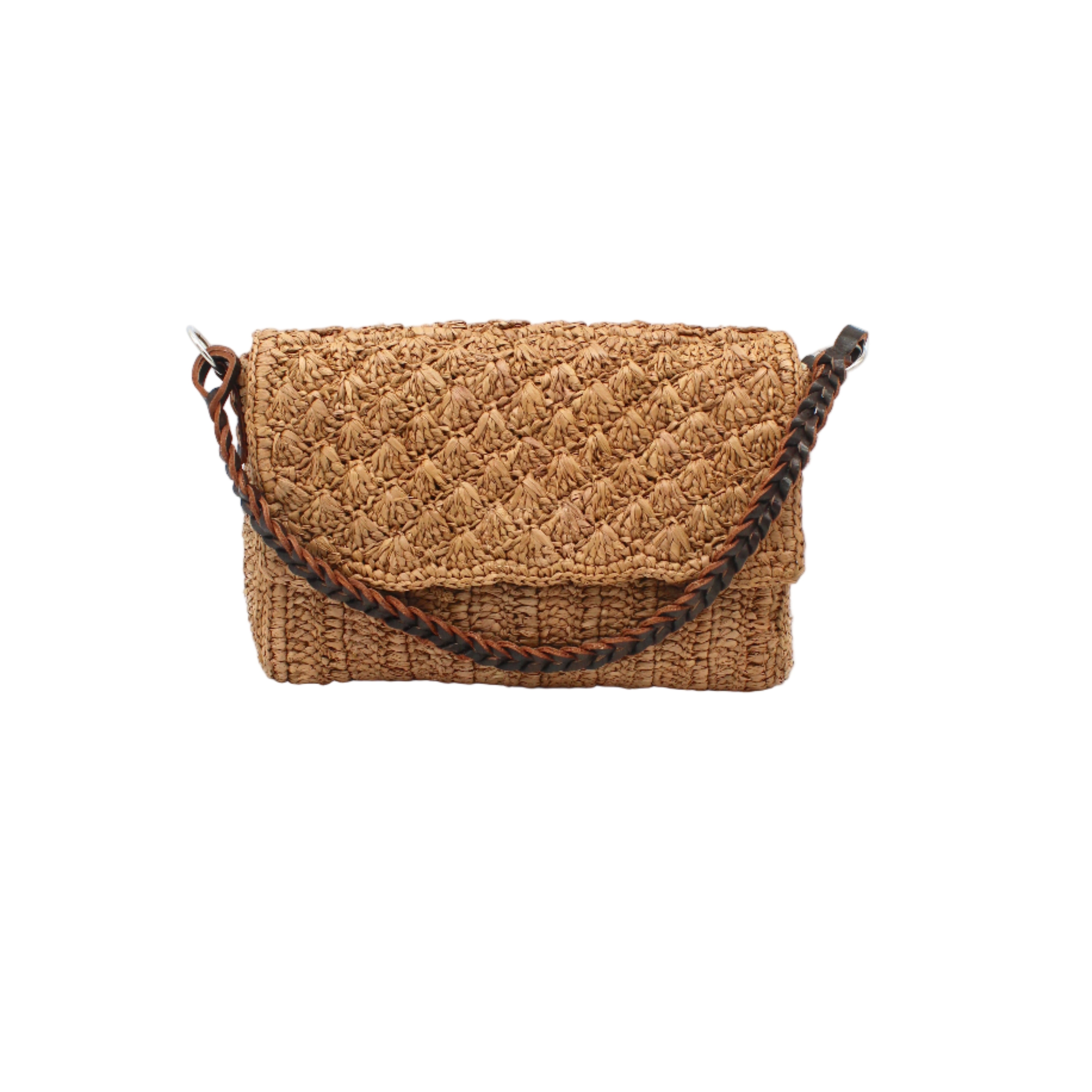 Anna Petal Pattern Crochet Straw Over Shoulder Envelope Clutch Purse handmade raffia palm fiber in a solid hue of Cappuccino tea/light/brown crochet in multiple textures resulting in a subtle pattern of vertical linked bands on the bottom half of the bag, and a floral petal or shell pattern on the upper envelope flap with braided leather shoulder strap handbag shoulder bag - Shebobo