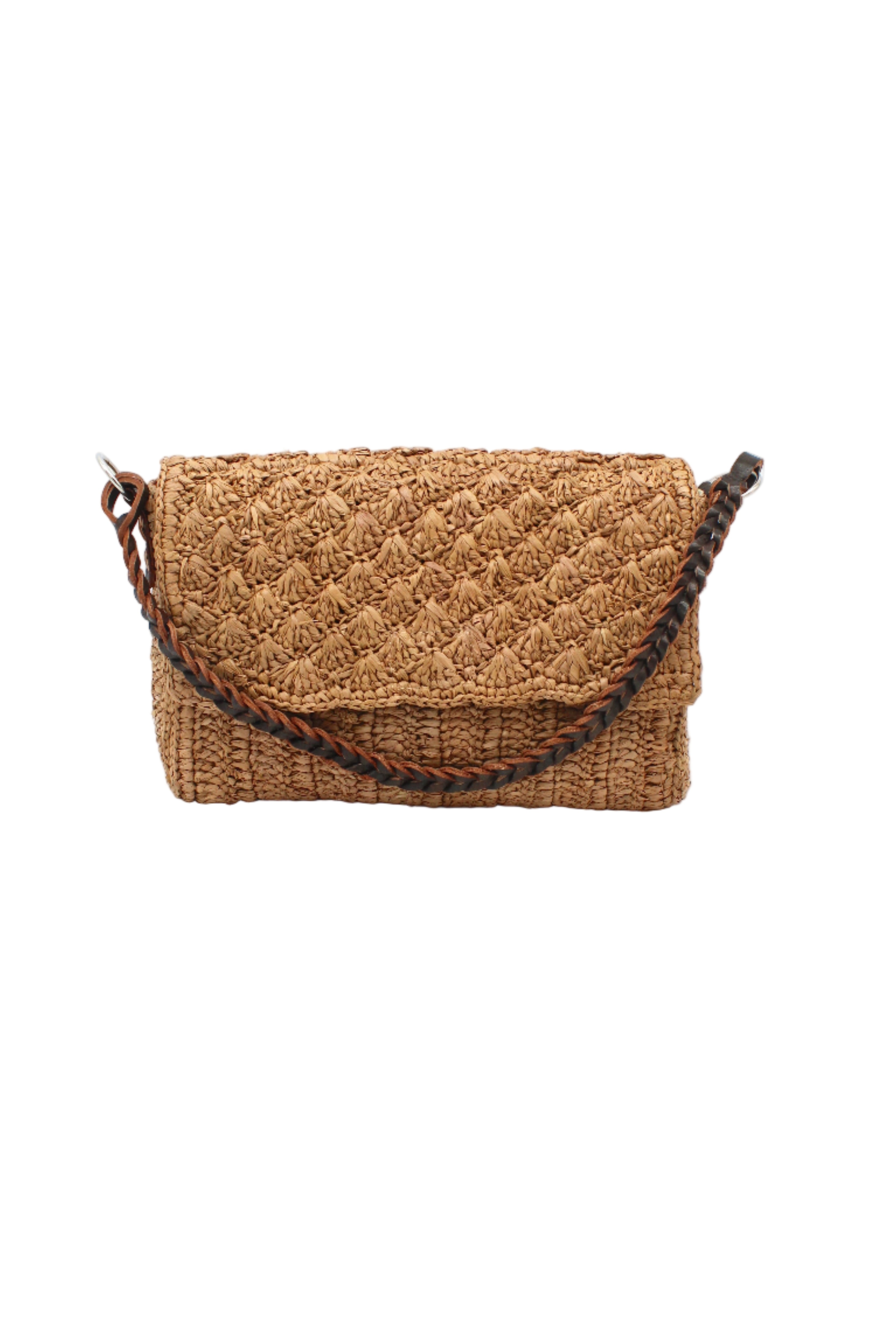 Anna Petal Pattern Crochet Straw Over Shoulder Envelope Clutch Purse handmade raffia palm fiber in a solid hue of Cappuccino tea/light/brown crochet in multiple textures resulting in a subtle pattern of vertical linked bands on the bottom half of the bag, and a floral petal or shell pattern on the upper envelope flap with braided leather shoulder strap handbag shoulder bag - Shebobo