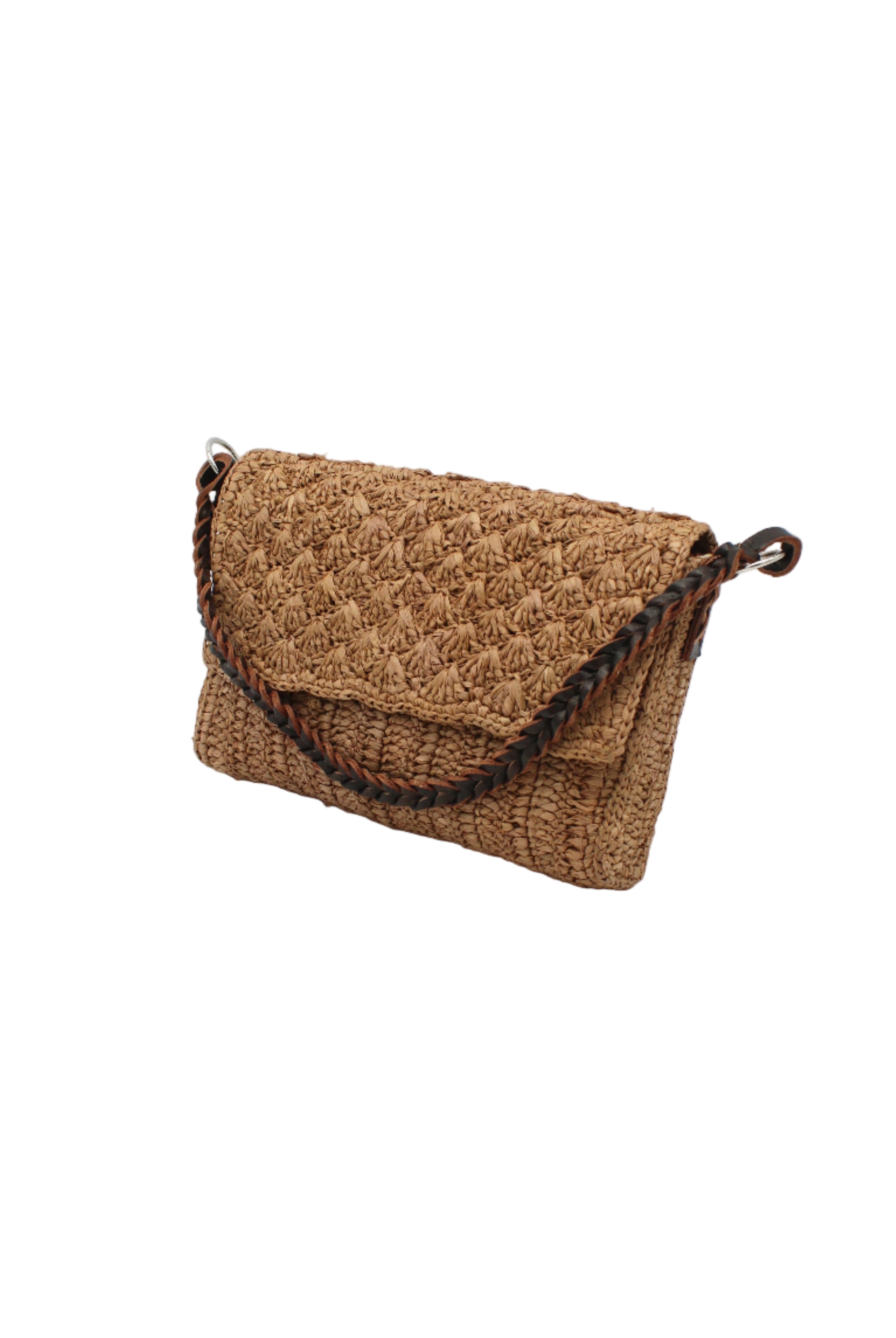 Side view Anna Petal Pattern Crochet Straw Over Shoulder Envelope Clutch Purse handmade raffia palm fiber in a solid hue of Cappuccino tea/light/brown crochet in multiple textures resulting in a subtle pattern of vertical linked bands on the bottom half of the bag, and a floral petal or shell pattern on the upper envelope flap with braided leather shoulder strap handbag shoulder bag - Shebobo