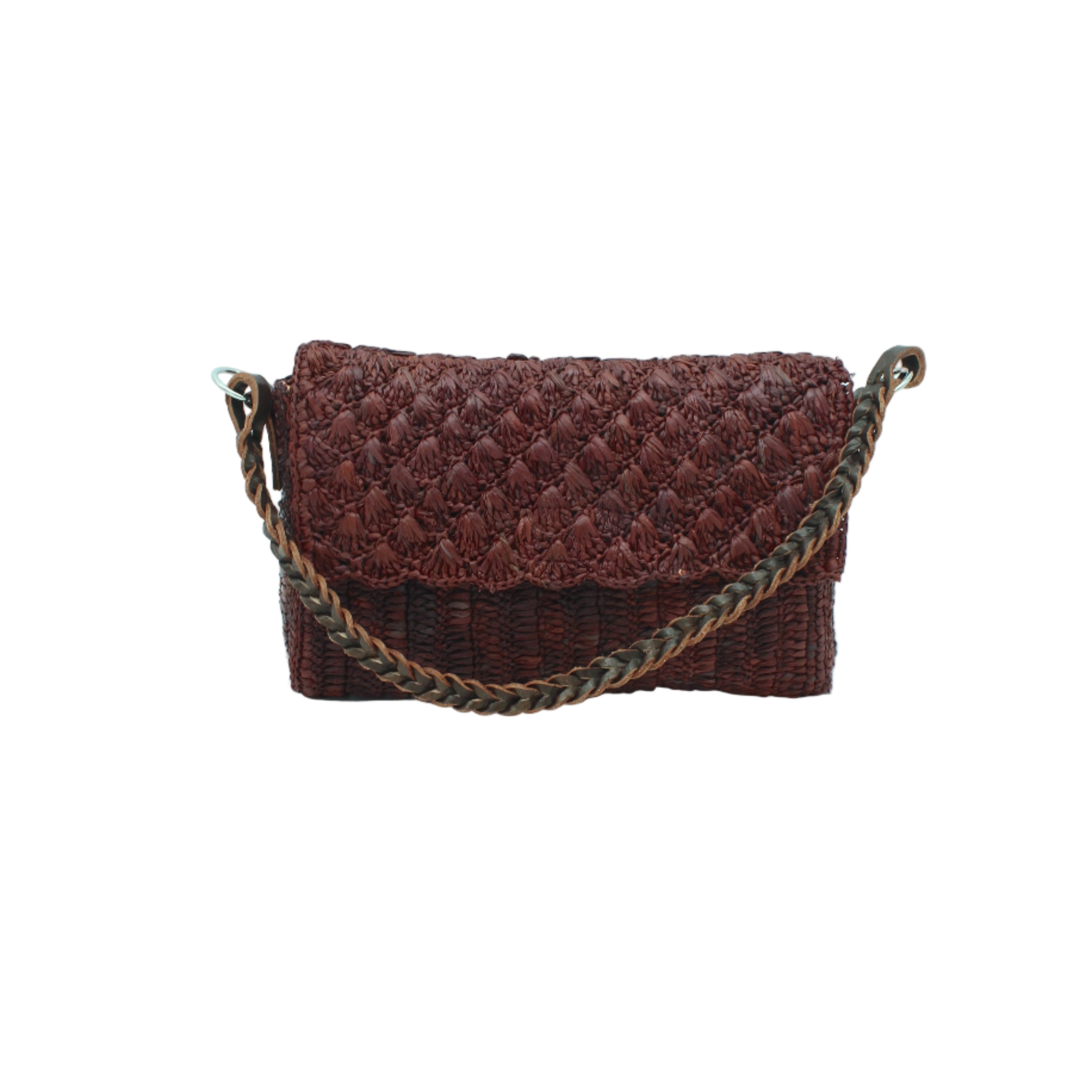 Anna Petal Pattern Crochet Straw Over Shoulder Envelope Clutch Purse handmade raffia palm fiber in a solid hue of Espresso chocolate/dark/brown crochet in multiple textures resulting in a subtle pattern of vertical linked bands on the bottom half of the bag, and a floral petal or shell pattern on the upper envelope flap with braided leather shoulder strap handbag shoulder bag - Shebobo