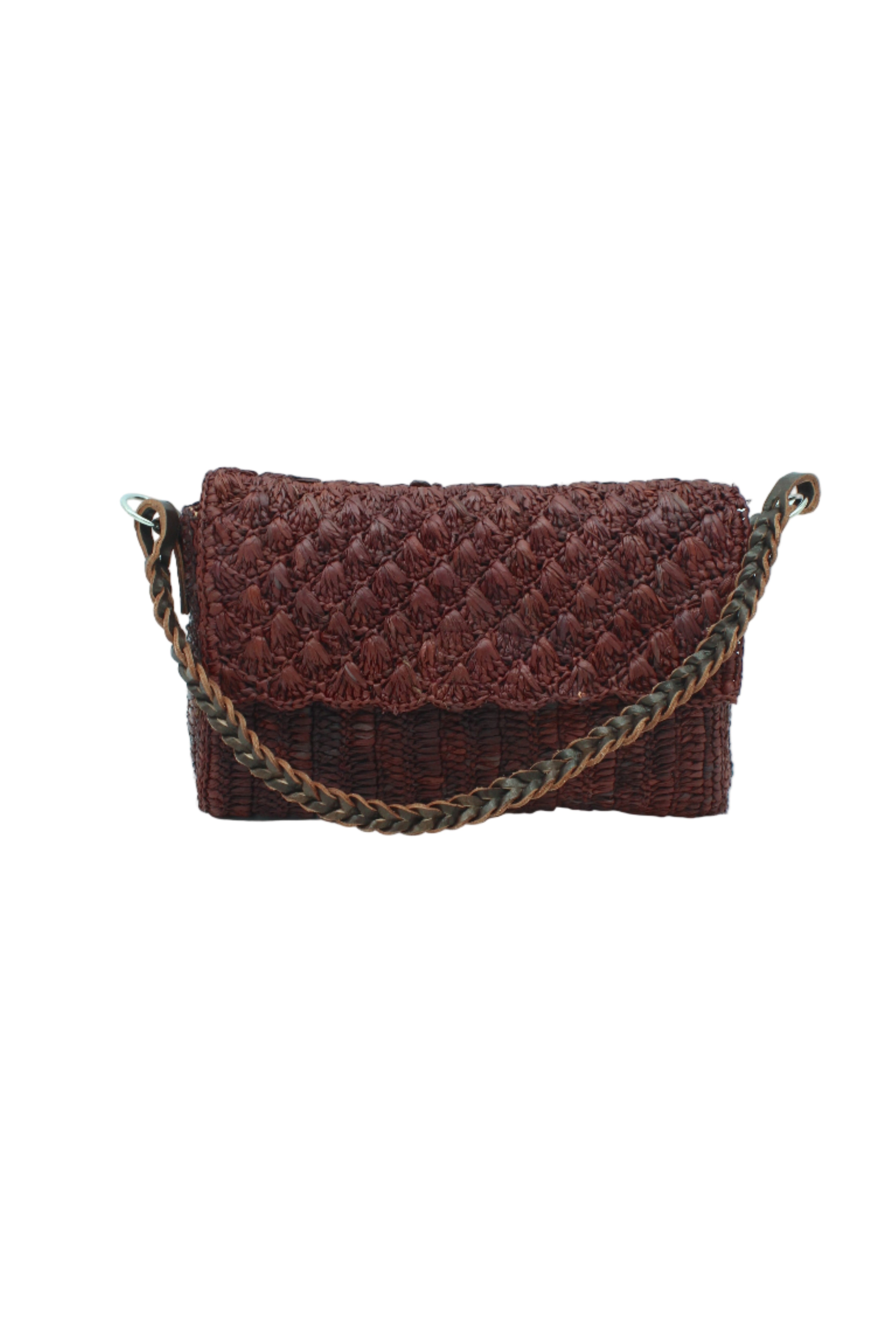 Anna Petal Pattern Crochet Straw Over Shoulder Envelope Clutch Purse handmade raffia palm fiber in a solid hue of Espresso chocolate/dark/brown crochet in multiple textures resulting in a subtle pattern of vertical linked bands on the bottom half of the bag, and a floral petal or shell pattern on the upper envelope flap with braided leather shoulder strap handbag shoulder bag - Shebobo