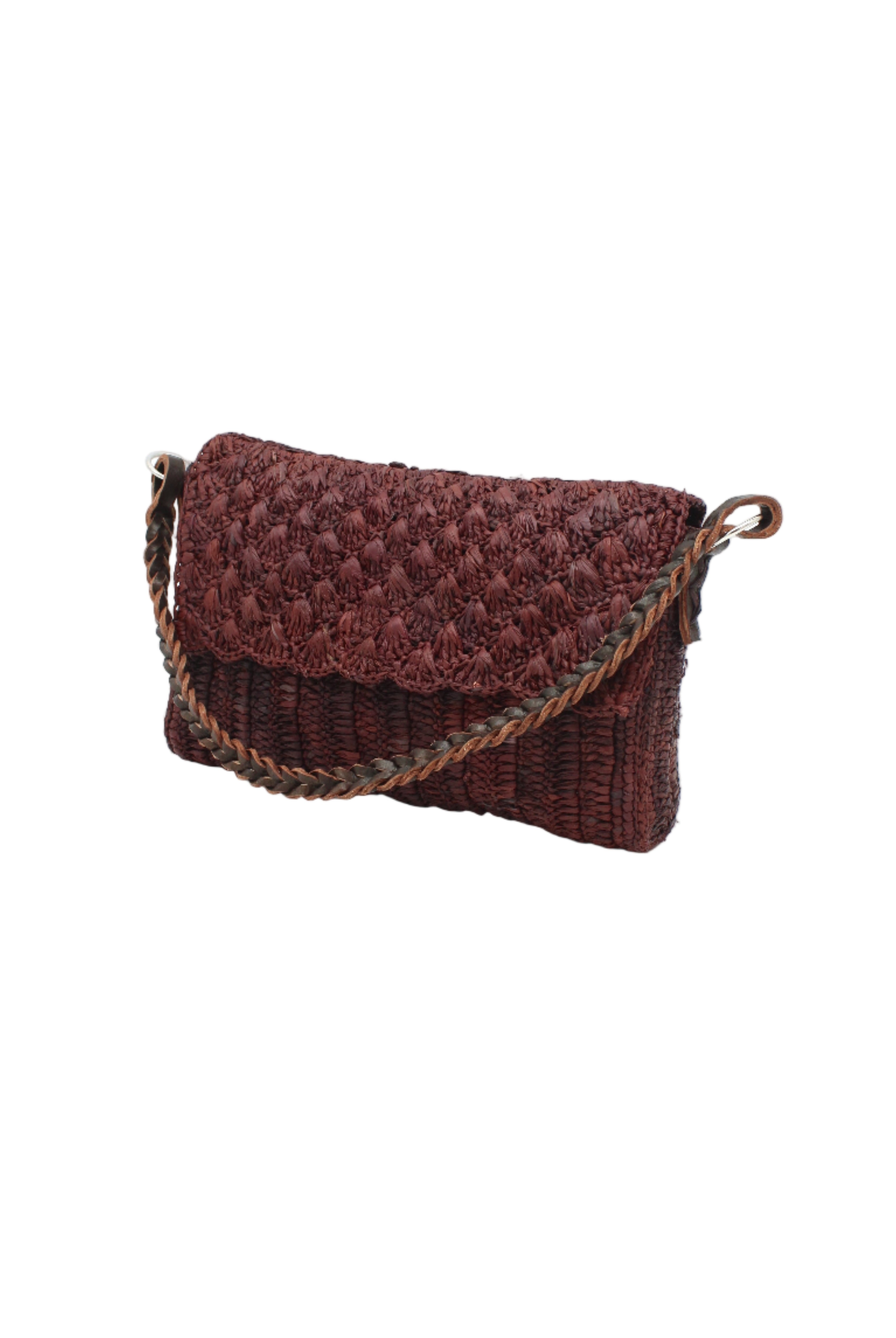 Side view Anna Petal Pattern Crochet Straw Over Shoulder Envelope Clutch Purse handmade raffia palm fiber in a solid hue of Mocha chocolate/dark/brown crochet in multiple textures resulting in a subtle pattern of vertical linked bands on the bottom half of the bag, and a floral petal or shell pattern on the upper envelope flap with braided leather shoulder strap handbag shoulder bag - Shebobo