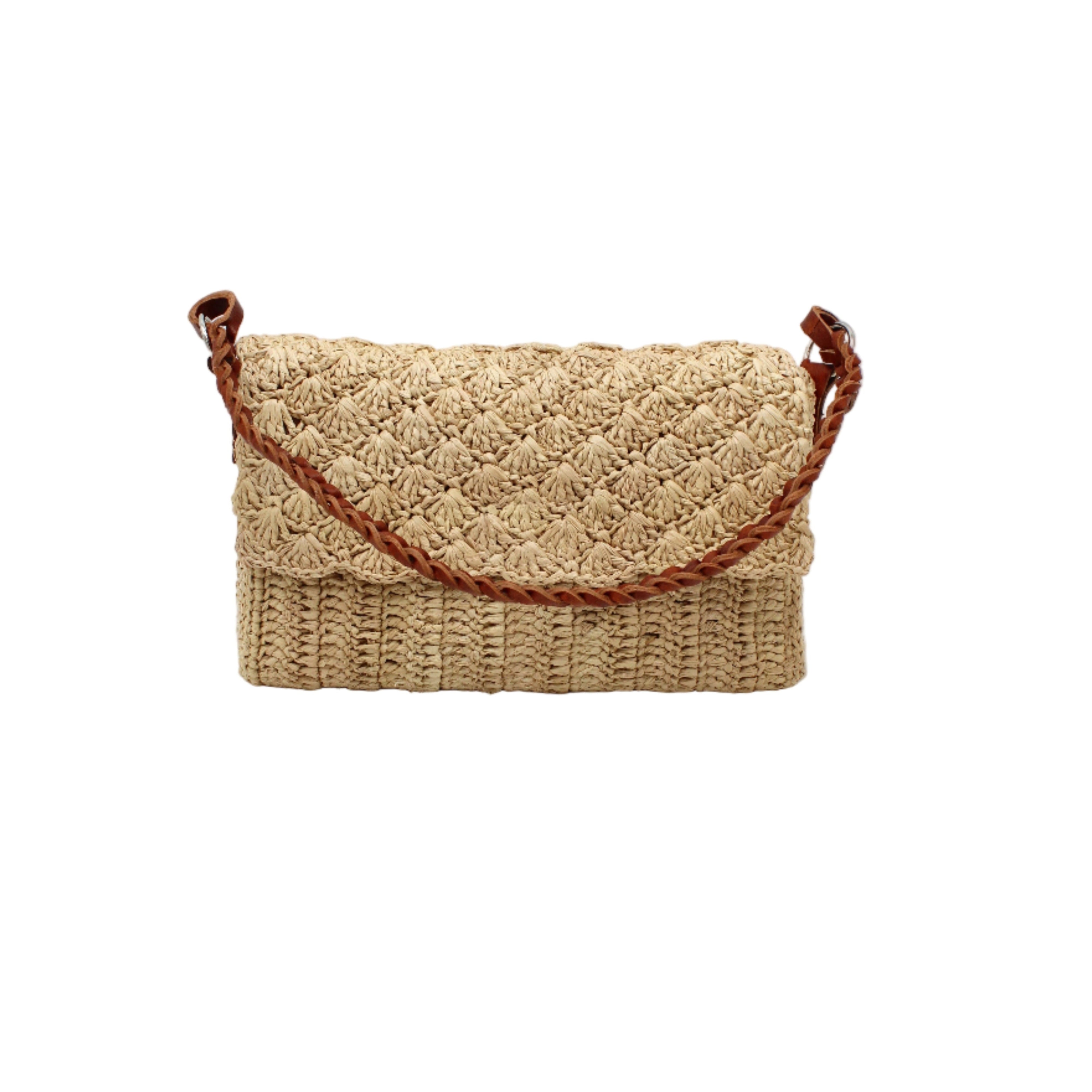 Anna Petal Pattern Crochet Straw Over Shoulder Envelope Clutch Purse handmade raffia palm fiber in a solid hue of Natural straw color crochet in multiple textures resulting in a subtle pattern of vertical linked bands on the bottom half of the bag, and a floral petal or shell pattern on the upper envelope flap with braided leather shoulder strap handbag shoulder bag - Shebobo