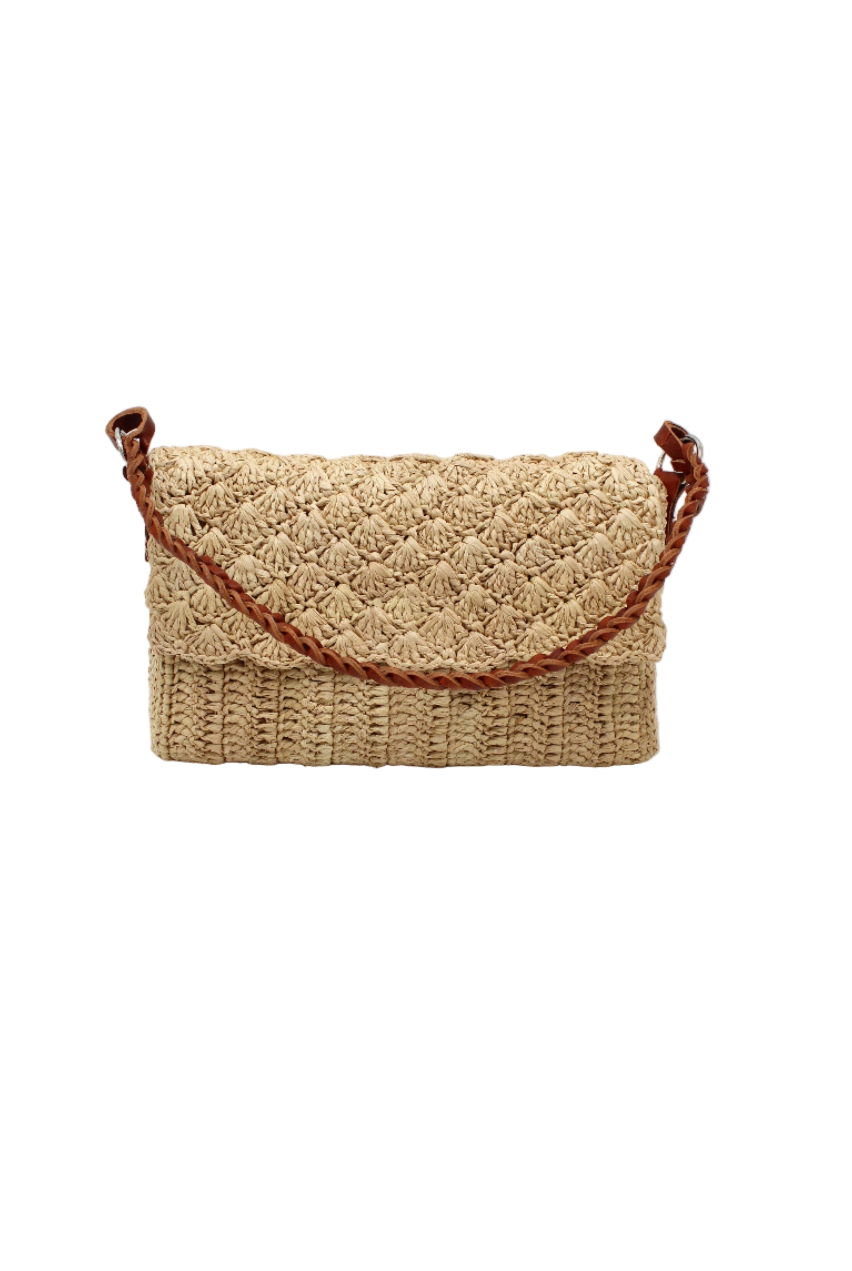 Anna Petal Pattern Crochet Straw Over Shoulder Envelope Clutch Purse handmade raffia palm fiber in a solid hue of Natural straw color crochet in multiple textures resulting in a subtle pattern of vertical linked bands on the bottom half of the bag, and a floral petal or shell pattern on the upper envelope flap with braided leather shoulder strap handbag shoulder bag - Shebobo