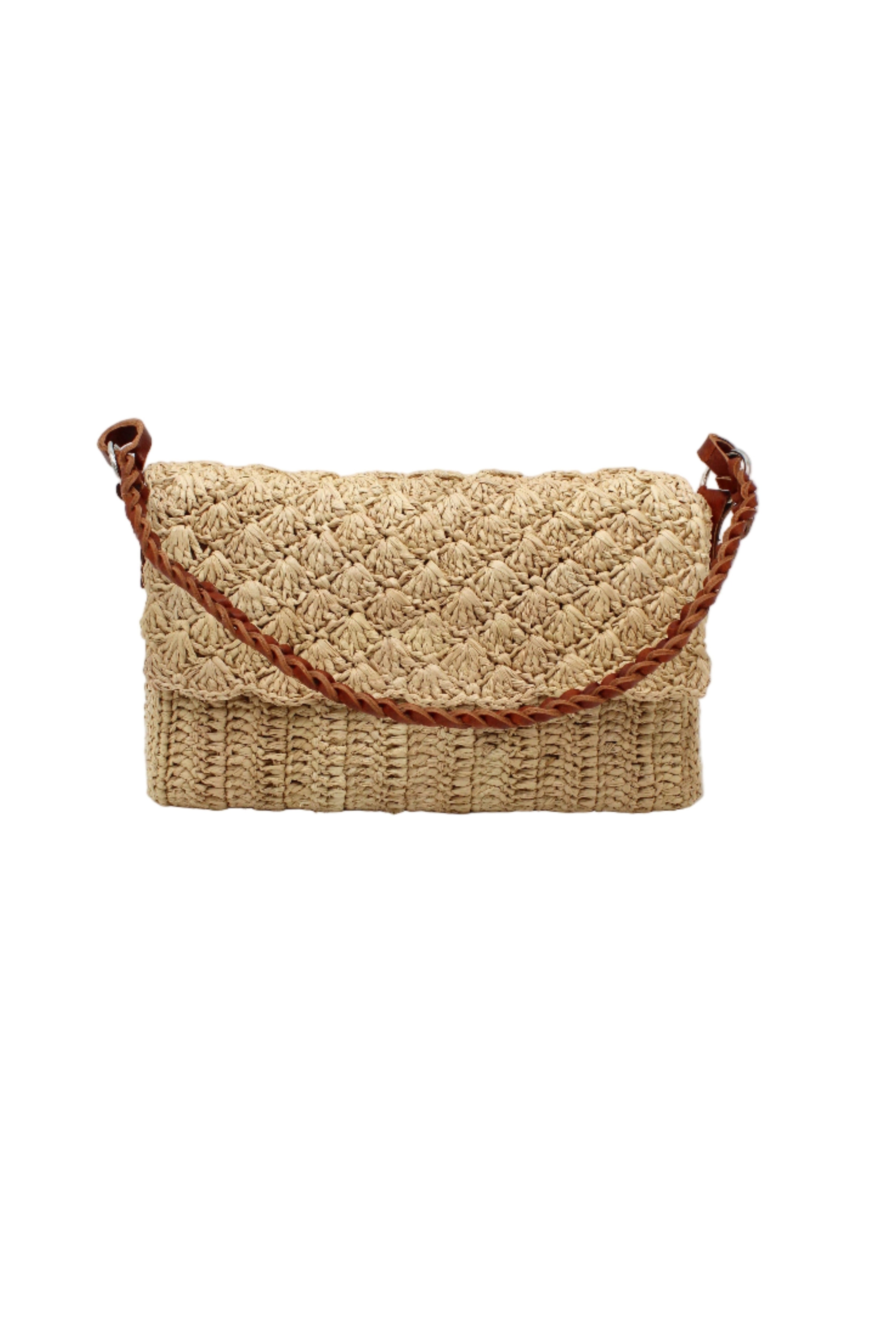 Anna Petal Pattern Crochet Straw Over Shoulder Envelope Clutch Purse handmade raffia palm fiber in a solid hue of Natural straw color crochet in multiple textures resulting in a subtle pattern of vertical linked bands on the bottom half of the bag, and a floral petal or shell pattern on the upper envelope flap with braided leather shoulder strap handbag shoulder bag - Shebobo
