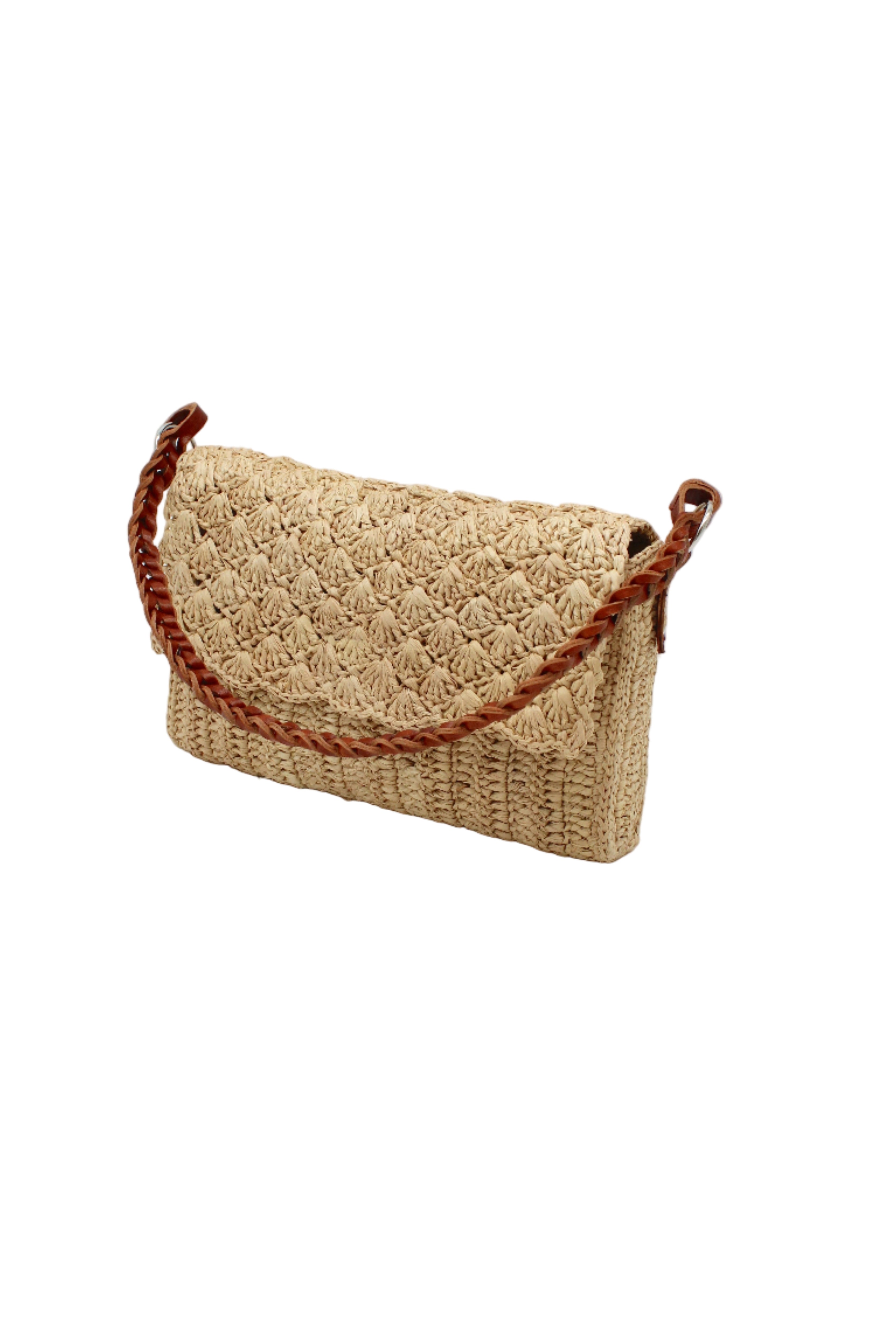 Side view Anna Petal Pattern Crochet Straw Over Shoulder Envelope Clutch Purse handmade raffia palm fiber in a solid hue of Natural straw color crochet in multiple textures resulting in a subtle pattern of vertical linked bands on the bottom half of the bag, and a floral petal or shell pattern on the upper envelope flap with braided leather shoulder strap handbag shoulder bag - Shebobo