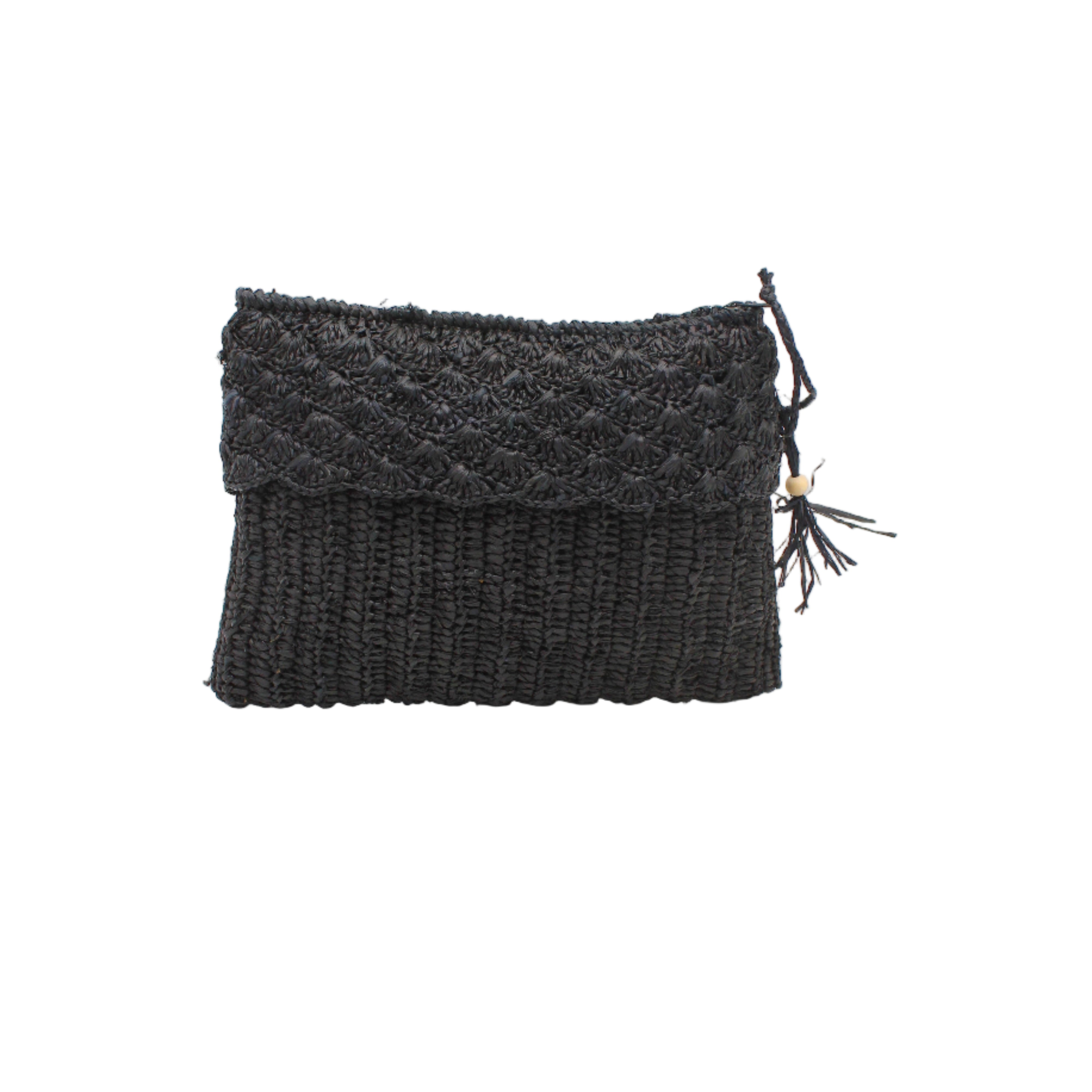 Anna Petal Pattern Crochet Straw Pouch Clutch Purse handmade natural raffia palm fiber in a solid hue of Black crochet in multiple textures resulting in a subtle pattern of vertical linked bands on the bottom half of the bag, and a floral petal or shell pattern on the upper half - Shebobo