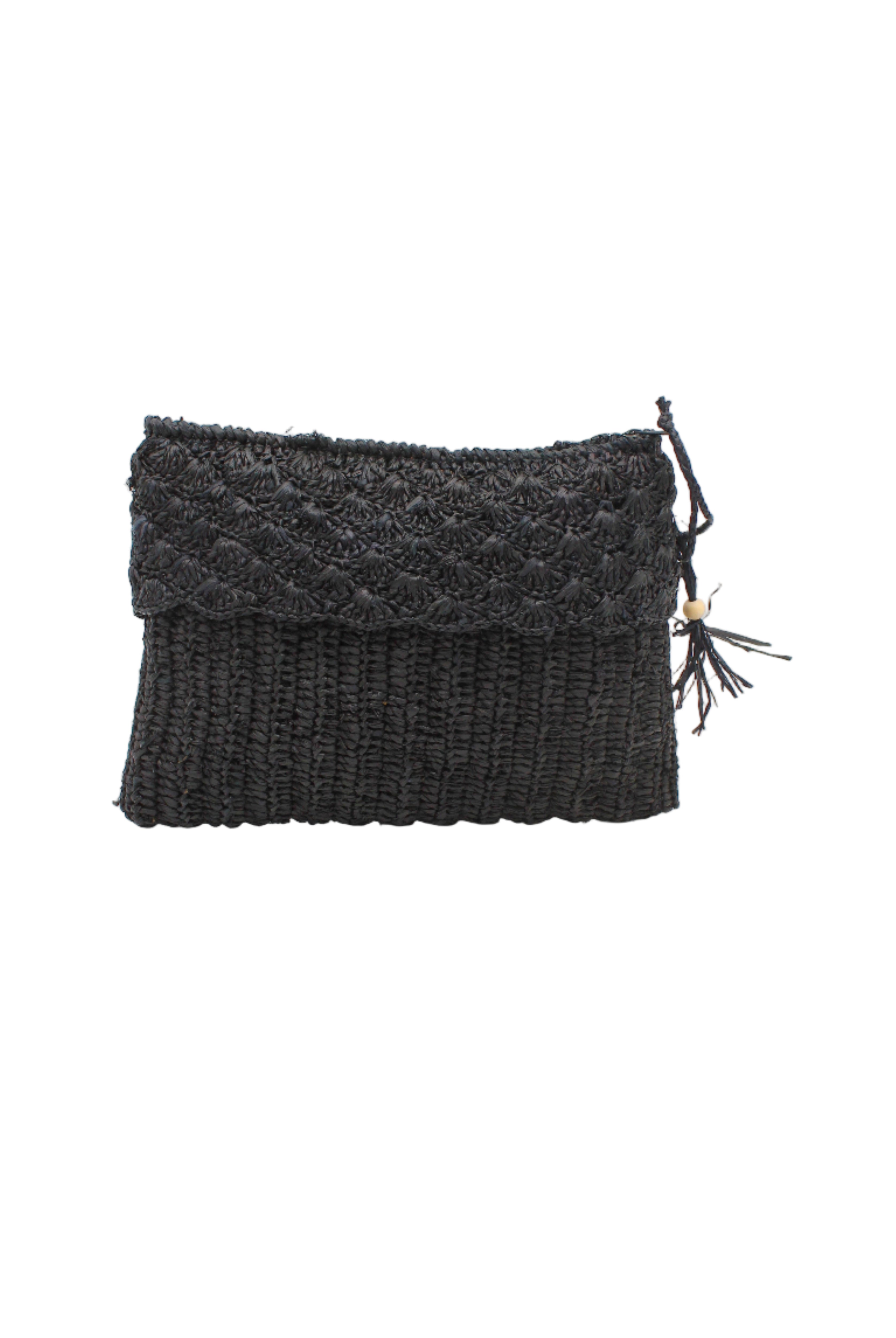 Anna Petal Pattern Crochet Straw Pouch Clutch Purse handmade natural raffia palm fiber in a solid hue of Black crochet in multiple textures resulting in a subtle pattern of vertical linked bands on the bottom half of the bag, and a floral petal or shell pattern on the upper half - Shebobo