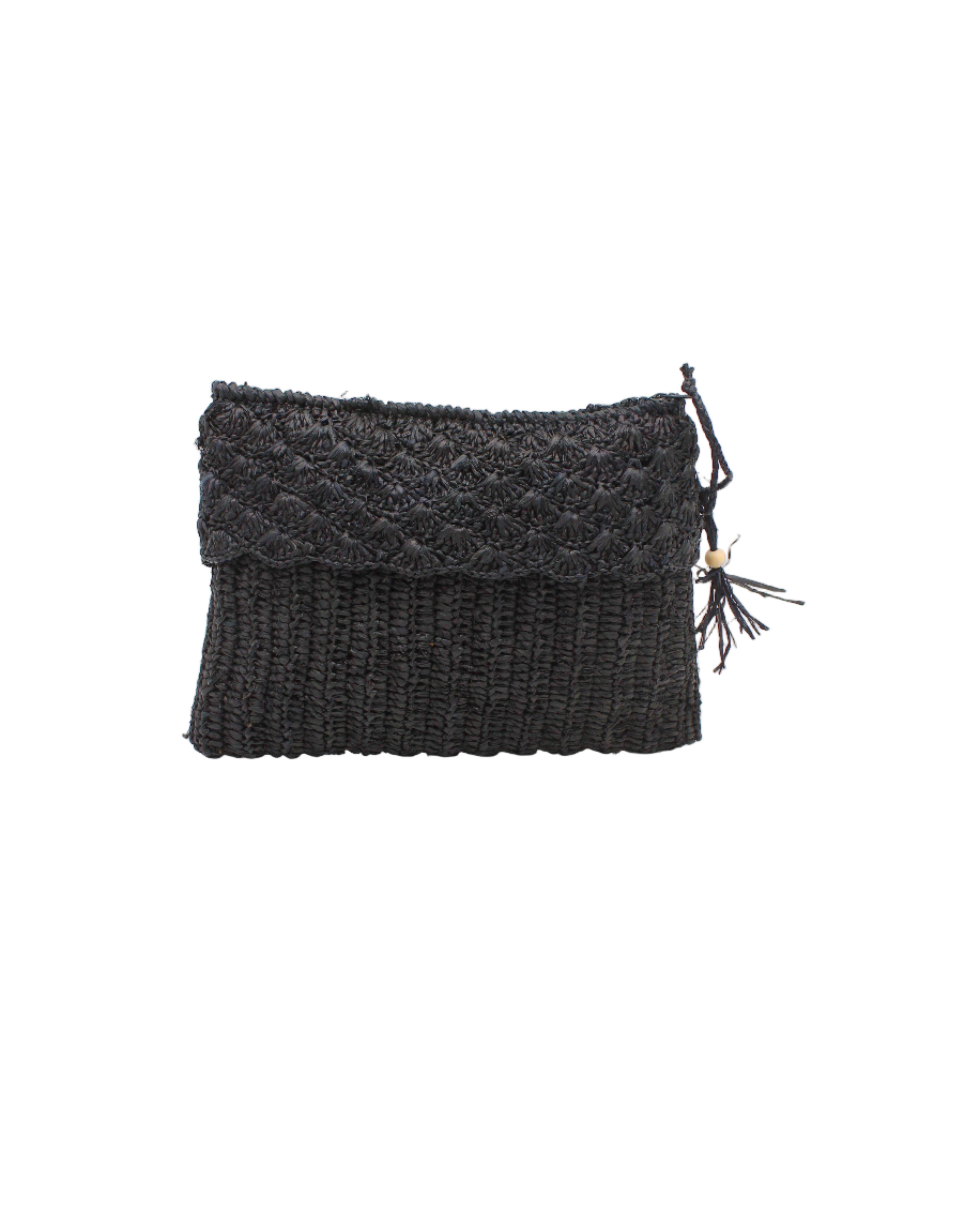 Anna Petal Pattern Crochet Straw Pouch Clutch Purse handmade natural raffia palm fiber in a solid hue of Black crochet in multiple textures resulting in a subtle pattern of vertical linked bands on the bottom half of the bag, and a floral petal or shell pattern on the upper half - Shebobo