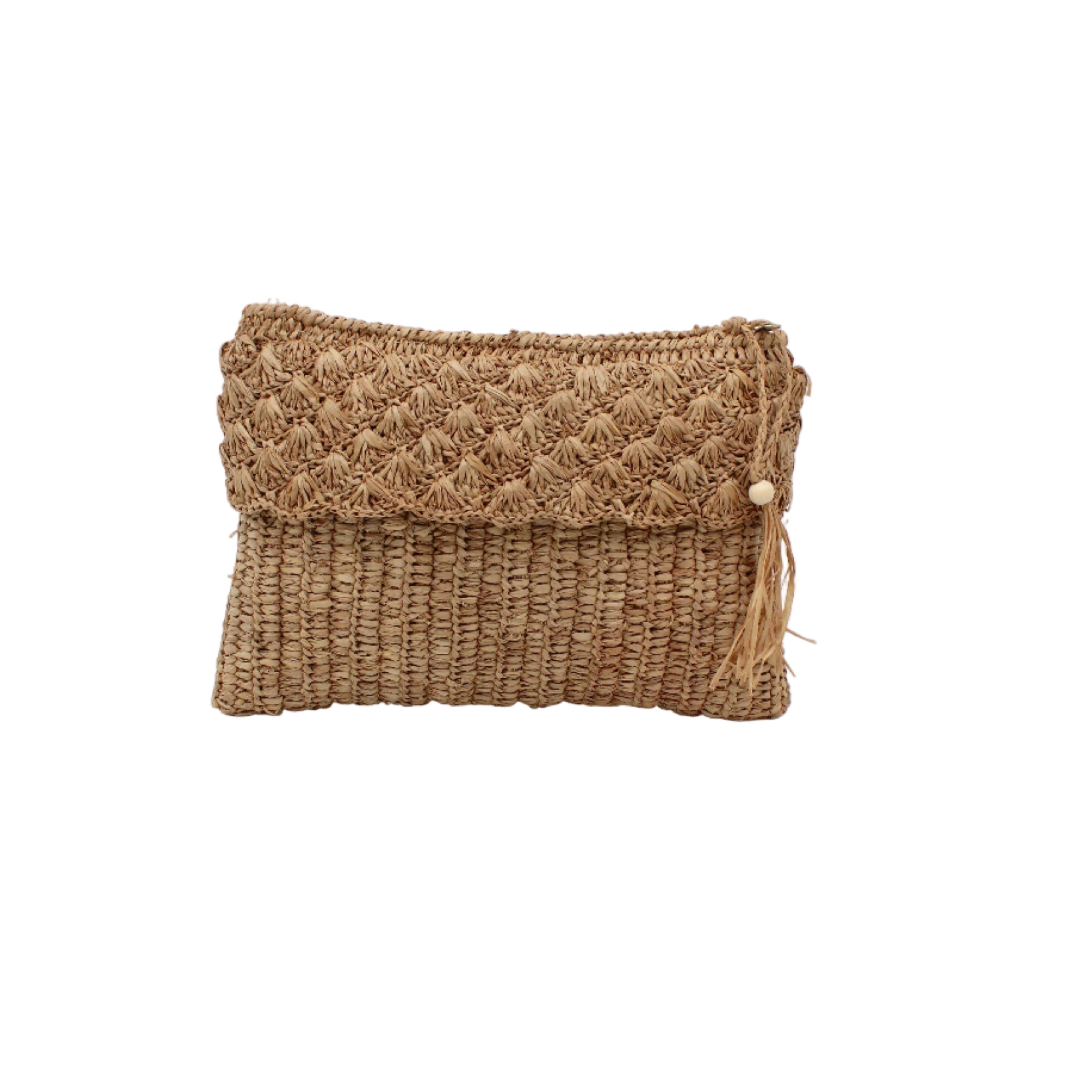 Anna Petal Pattern Crochet Straw Pouch Clutch Purse handmade natural raffia palm fiber in a solid hue of Cappuccino tea/light/brown crochet in multiple textures resulting in a subtle pattern of vertical linked bands on the bottom half of the bag, and a floral petal or shell pattern on the upper half - Shebobo