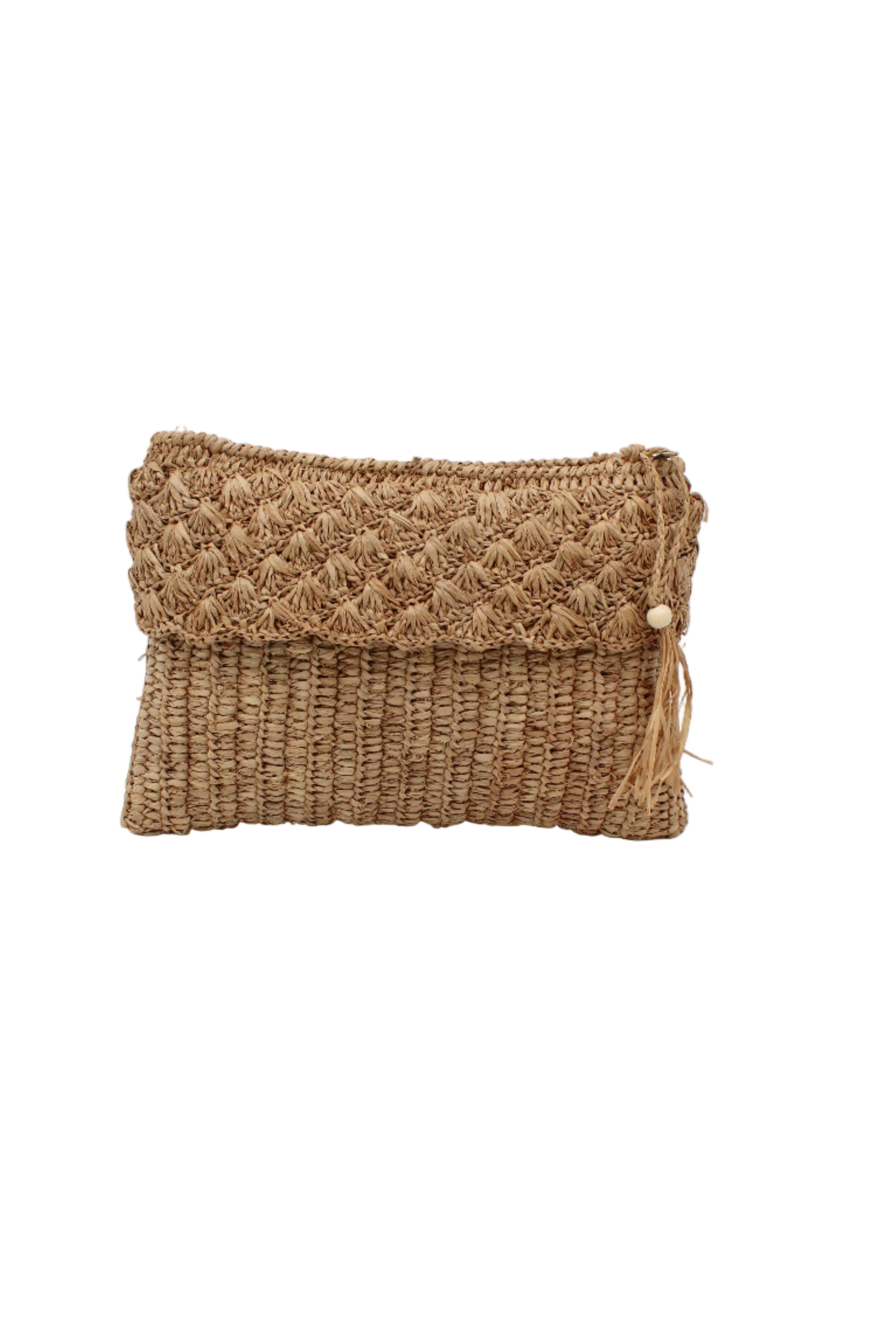Anna Petal Pattern Crochet Straw Pouch Clutch Purse handmade natural raffia palm fiber in a solid hue of Cappuccino tea/light/brown crochet in multiple textures resulting in a subtle pattern of vertical linked bands on the bottom half of the bag, and a floral petal or shell pattern on the upper half - Shebobo