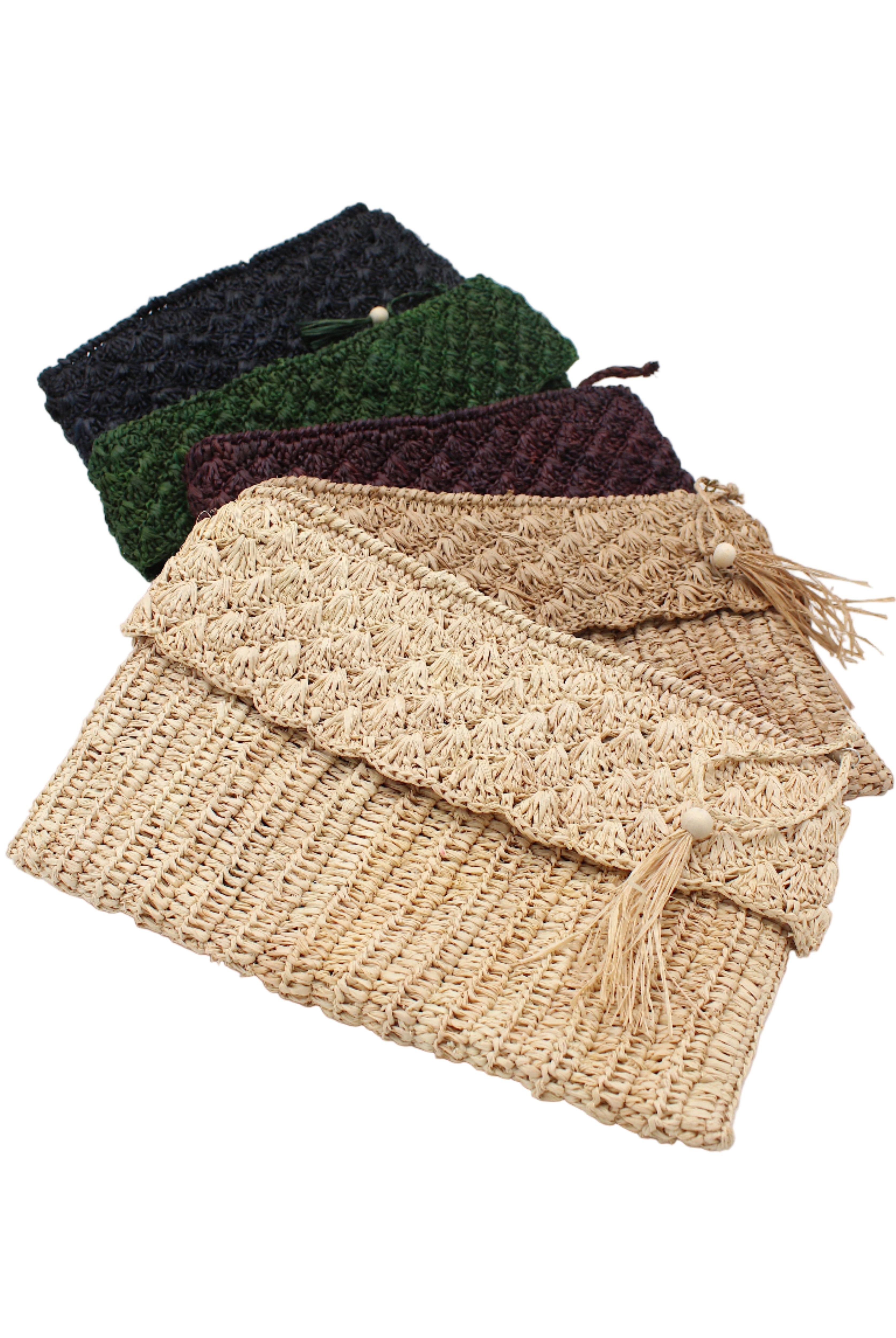 Anna Petal Pattern Crochet Straw Pouch Clutch Purse handmade natural raffia palm fiber in a solid hues crochet in multiple textures resulting in a subtle pattern of vertical linked bands on the bottom half of the bag, and a floral petal or shell pattern on the upper half - Shebobo