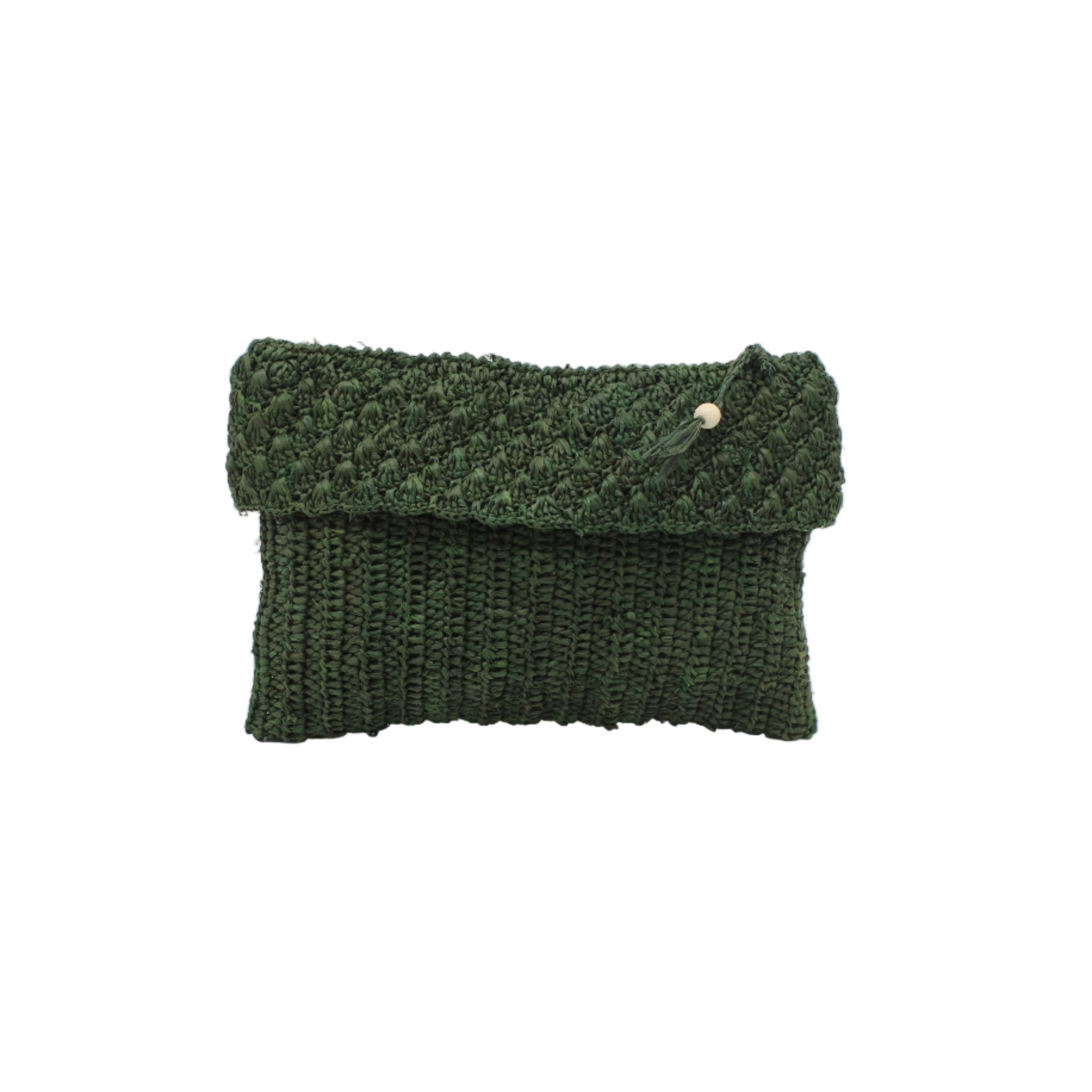 Anna Petal Pattern Crochet Straw Pouch Clutch Purse handmade natural raffia palm fiber in a solid hue of Deep Green dark/forrest/green crochet in multiple textures resulting in a subtle pattern of vertical linked bands on the bottom half of the bag, and a floral petal or shell pattern on the upper half - Shebobo