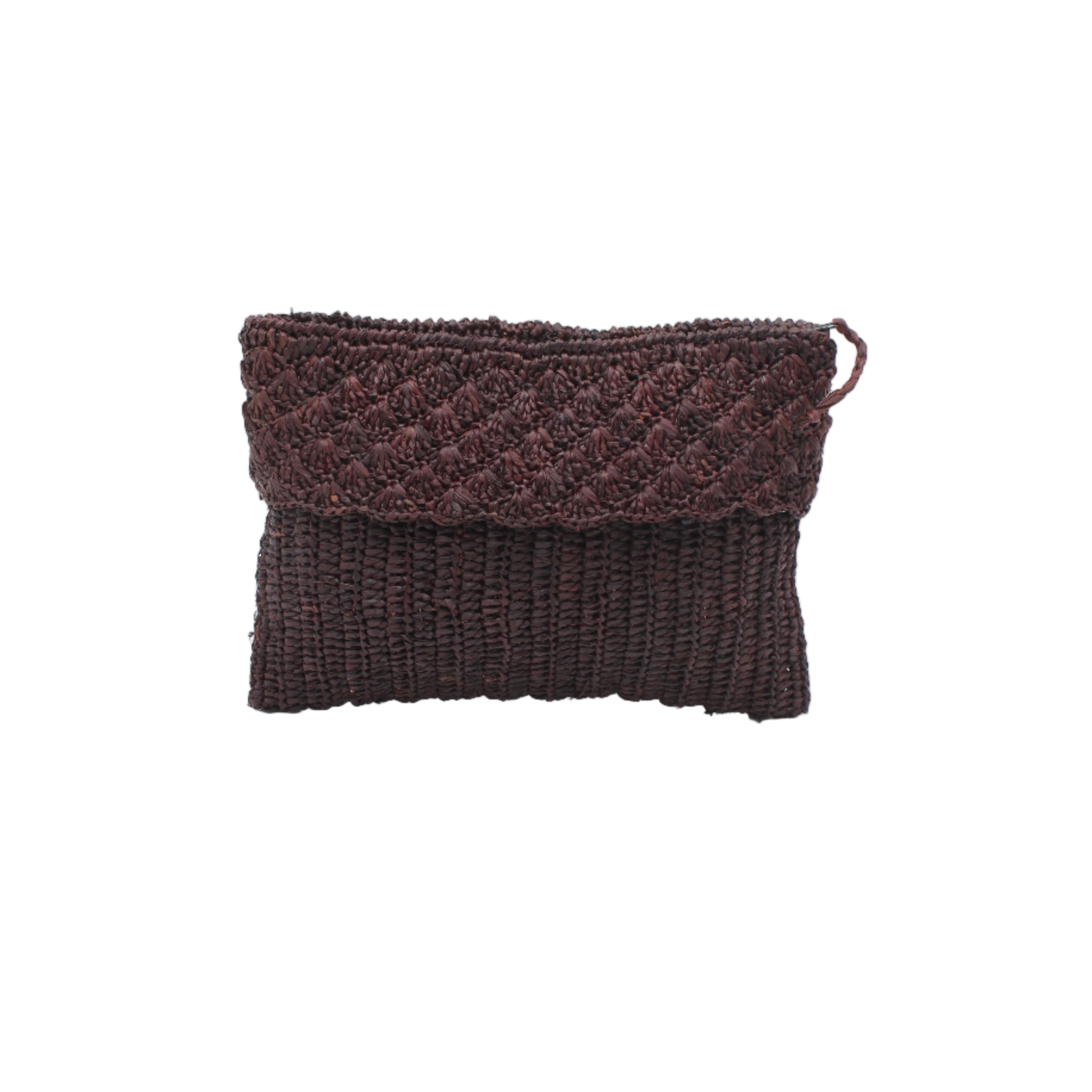 Anna Petal Pattern Crochet Straw Pouch Clutch Purse handmade natural raffia palm fiber in a solid hue of Mocha chocolate/dark/brown crochet in multiple textures resulting in a subtle pattern of vertical linked bands on the bottom half of the bag, and a floral petal or shell pattern on the upper half - Shebobo