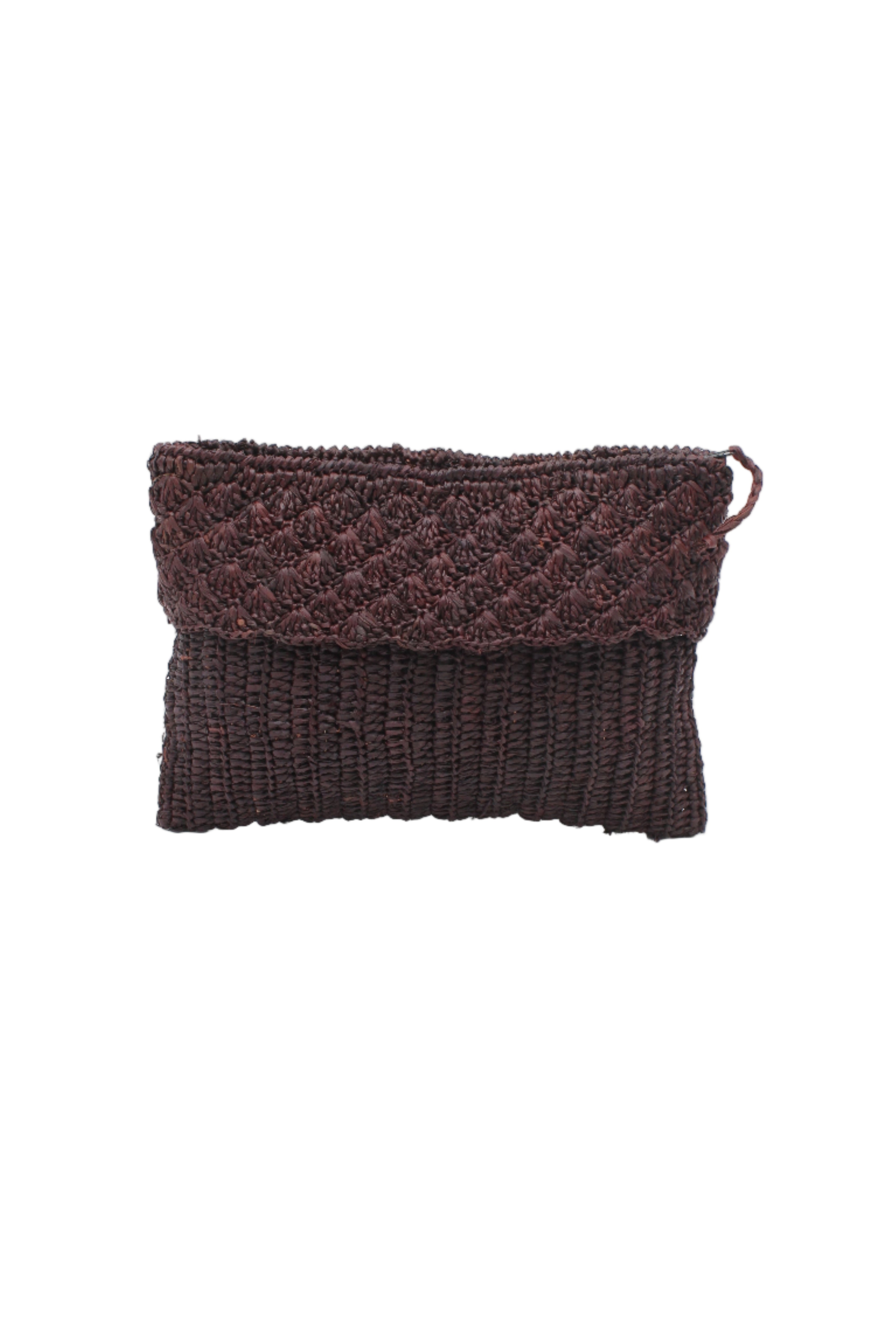 Anna Petal Pattern Crochet Straw Pouch Clutch Purse handmade natural raffia palm fiber in a solid hue of Mocha chocolate/dark/brown crochet in multiple textures resulting in a subtle pattern of vertical linked bands on the bottom half of the bag, and a floral petal or shell pattern on the upper half - Shebobo