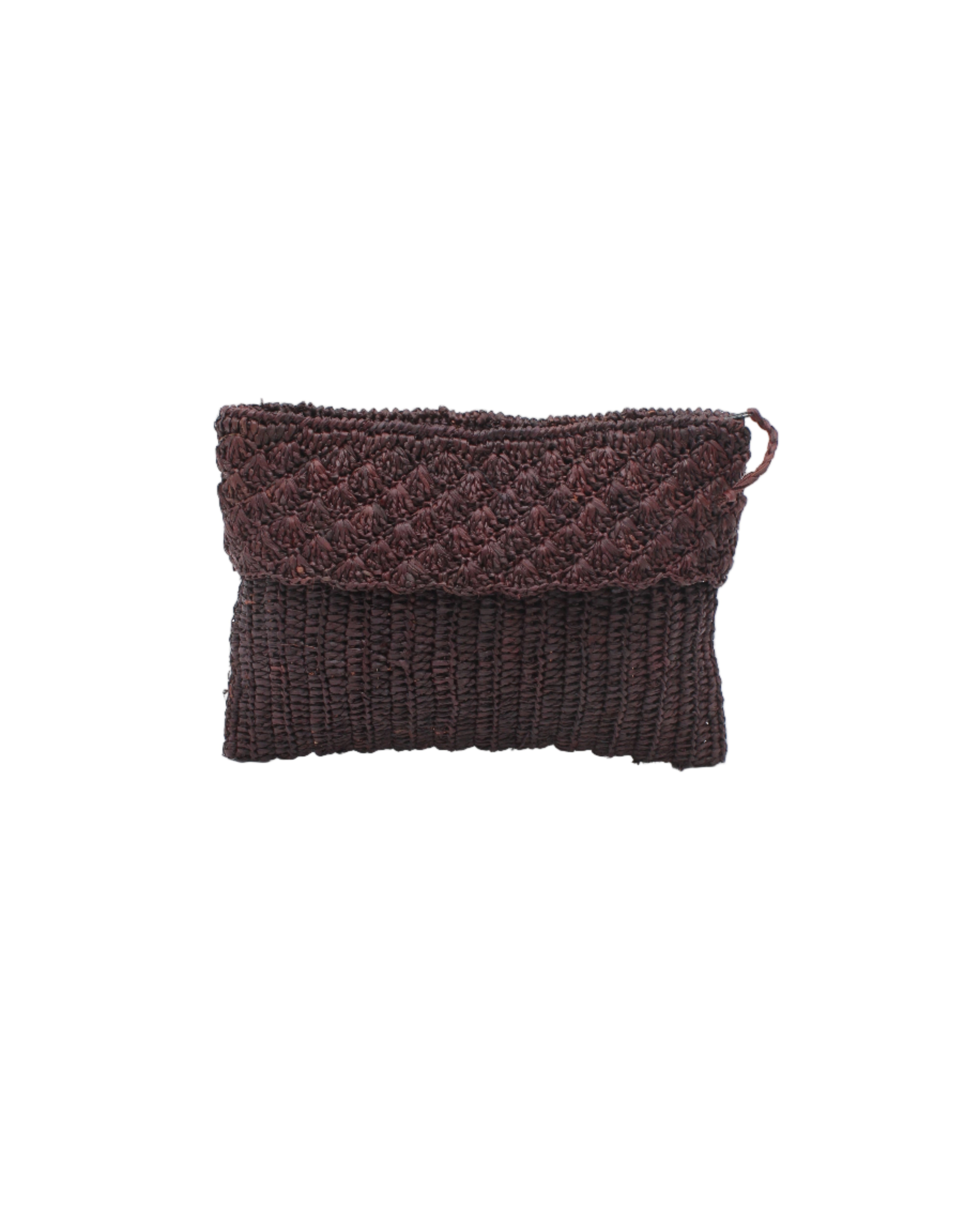 Anna Petal Pattern Crochet Straw Pouch Clutch Purse handmade natural raffia palm fiber in a solid hue of Mocha chocolate/dark/brown crochet in multiple textures resulting in a subtle pattern of vertical linked bands on the bottom half of the bag, and a floral petal or shell pattern on the upper half - Shebobo