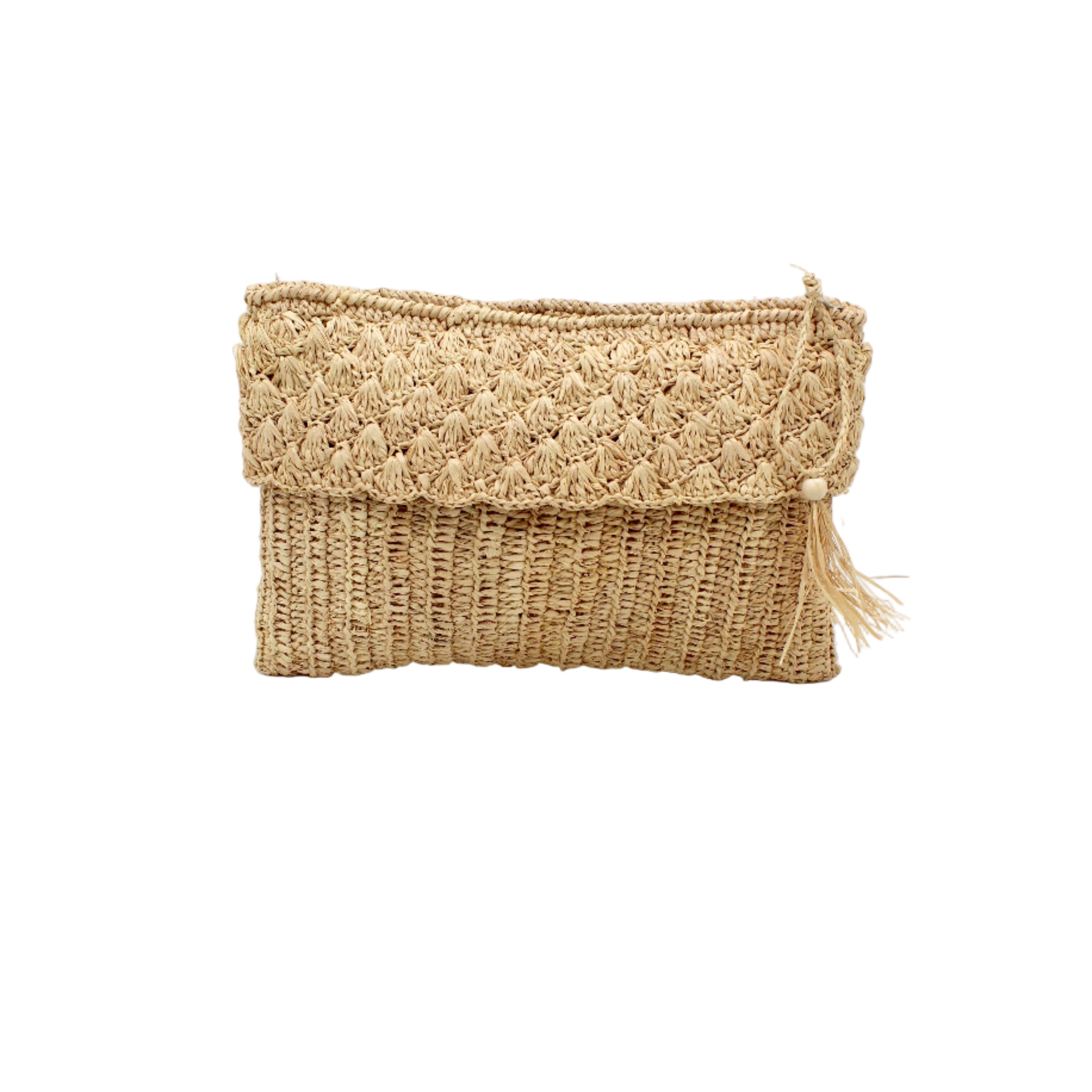 Anna Petal Pattern Crochet Straw Pouch Clutch Purse handmade natural raffia palm fiber in a solid hue of Natural straw color crochet in multiple textures resulting in a subtle pattern of vertical linked bands on the bottom half of the bag, and a floral petal or shell pattern on the upper half - Shebobo