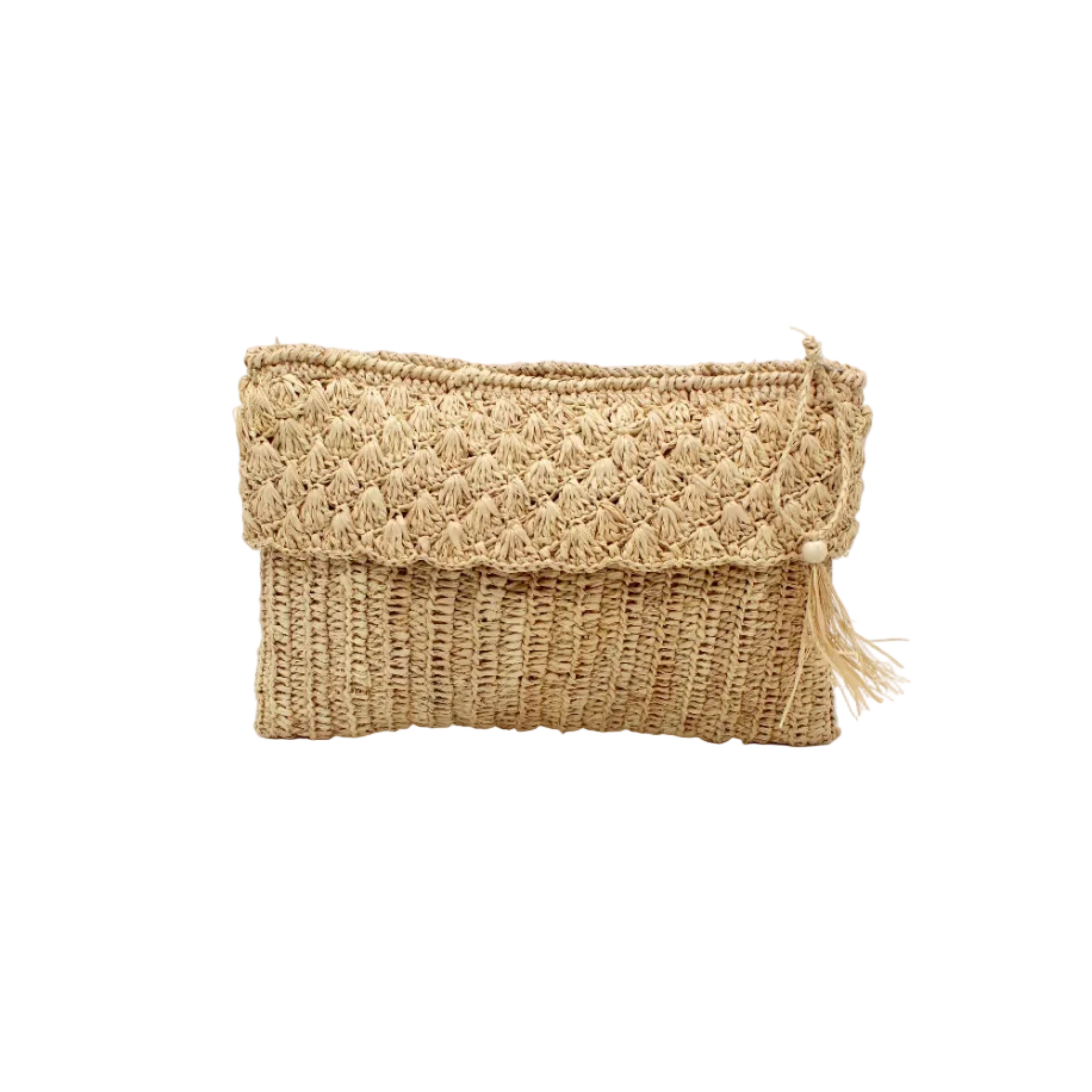 Anna Petal Pattern Crochet Straw Pouch Clutch Purse handmade natural raffia palm fiber in a solid hue of Natural straw color crochet in multiple textures resulting in a subtle pattern of vertical linked bands on the bottom half of the bag, and a floral petal or shell pattern on the upper half - Shebobo