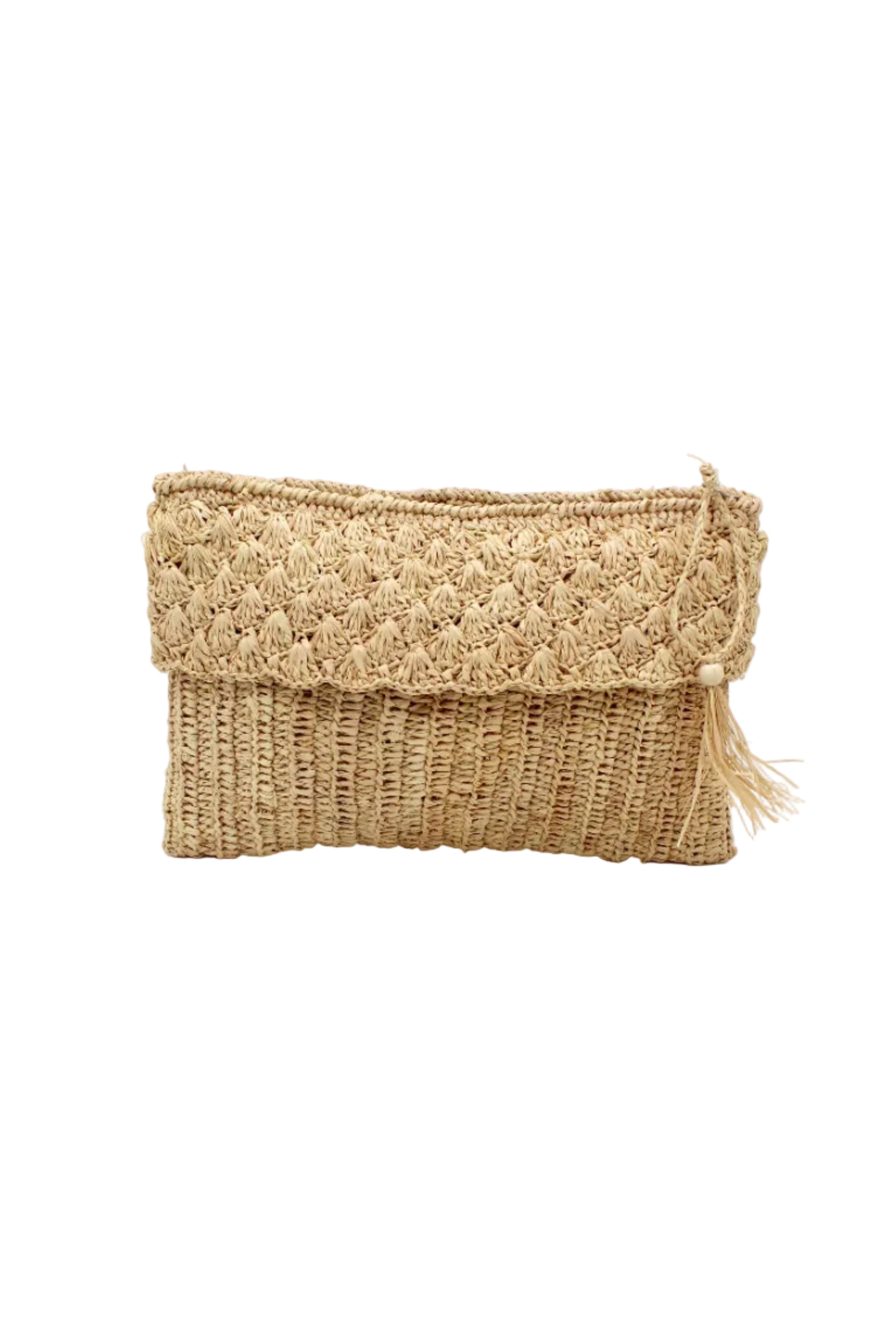 Anna Petal Pattern Crochet Straw Pouch Clutch Purse handmade natural raffia palm fiber in a solid hue of Natural straw color crochet in multiple textures resulting in a subtle pattern of vertical linked bands on the bottom half of the bag, and a floral petal or shell pattern on the upper half - Shebobo