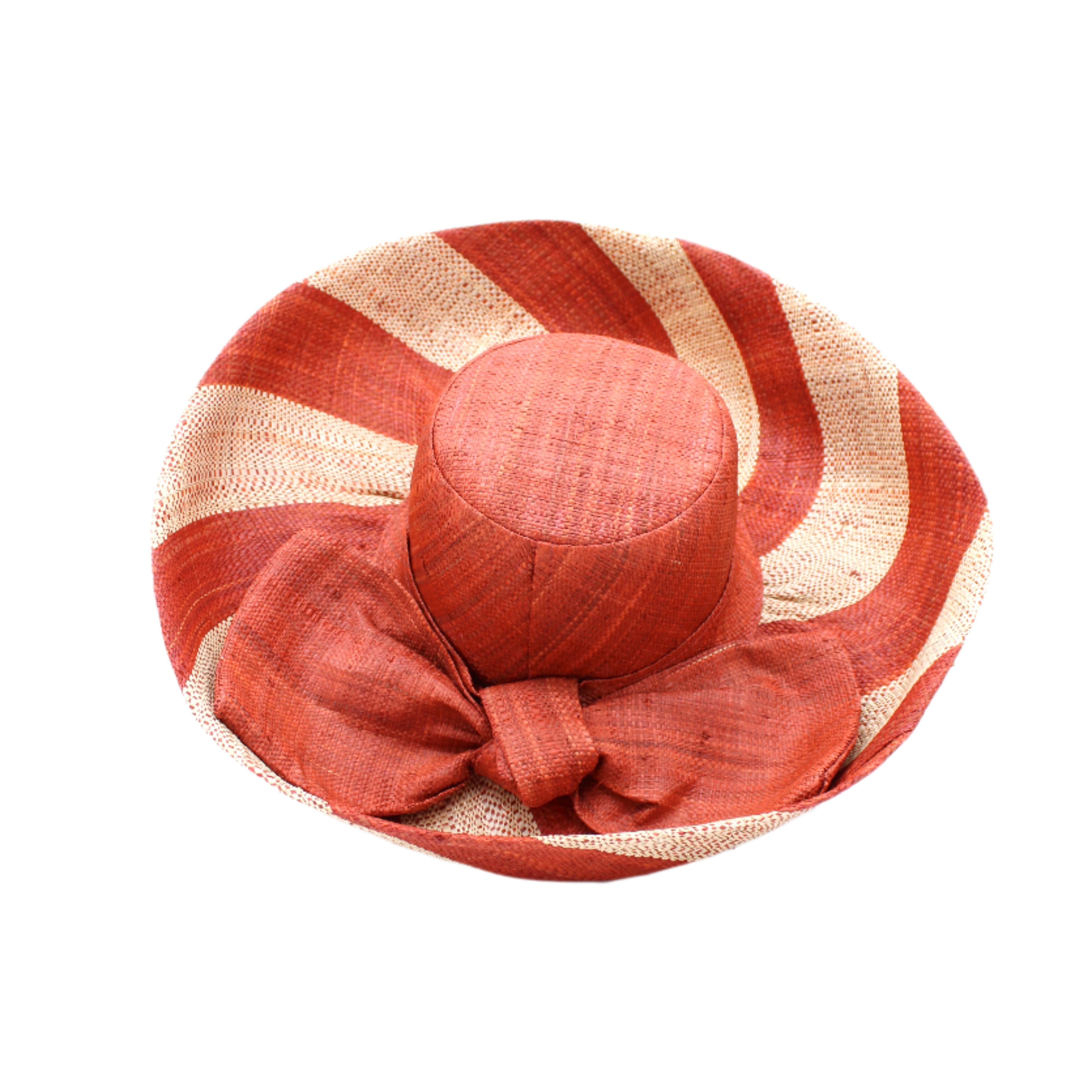 Audrey 5" & 7" Wide Brim Whisky Two Tone Wide Stripe Straw Sun Hats with Big Bow handmade loomed raffia palm fiber in a solid hue of whisky carmel/orange/red/brown on the crown and matching oversized big bow embellishment hat band, with two tone even width wide stripe pattern of coral and natural straw color that creates a swirl patterned brim - Shebobo