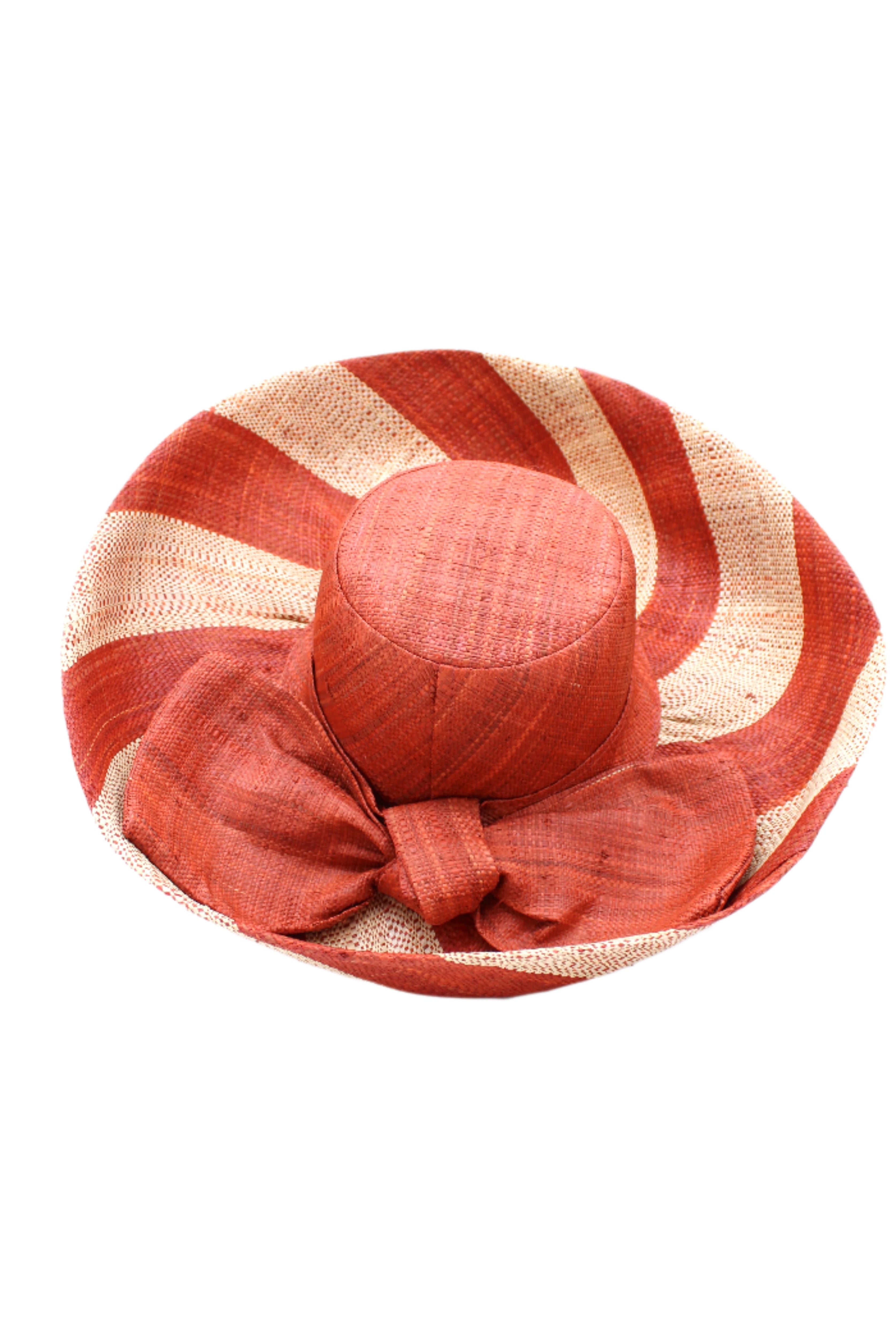Audrey 5" & 7" Wide Brim Whisky Two Tone Wide Stripe Straw Sun Hats with Big Bow handmade loomed raffia palm fiber in a solid hue of whisky carmel/orange/red/brown on the crown and matching oversized big bow embellishment hat band, with two tone even width wide stripe pattern of coral and natural straw color that creates a swirl patterned brim - Shebobo